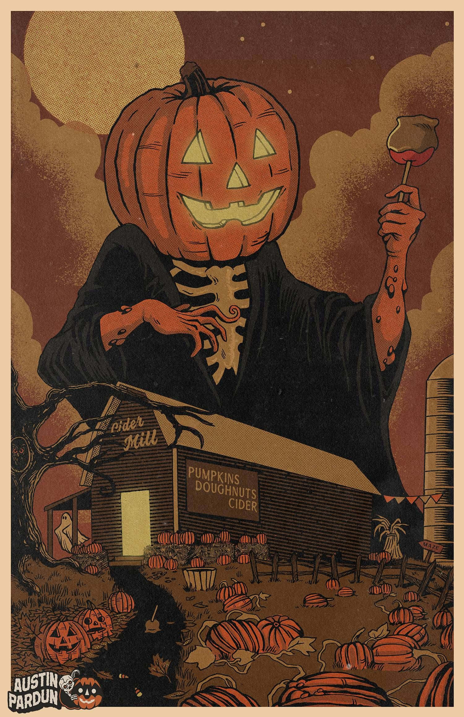 jack-o'-lantern-headed figure, black robe, pumpkin-themed cider mill, Full HD Phone Wallpaper