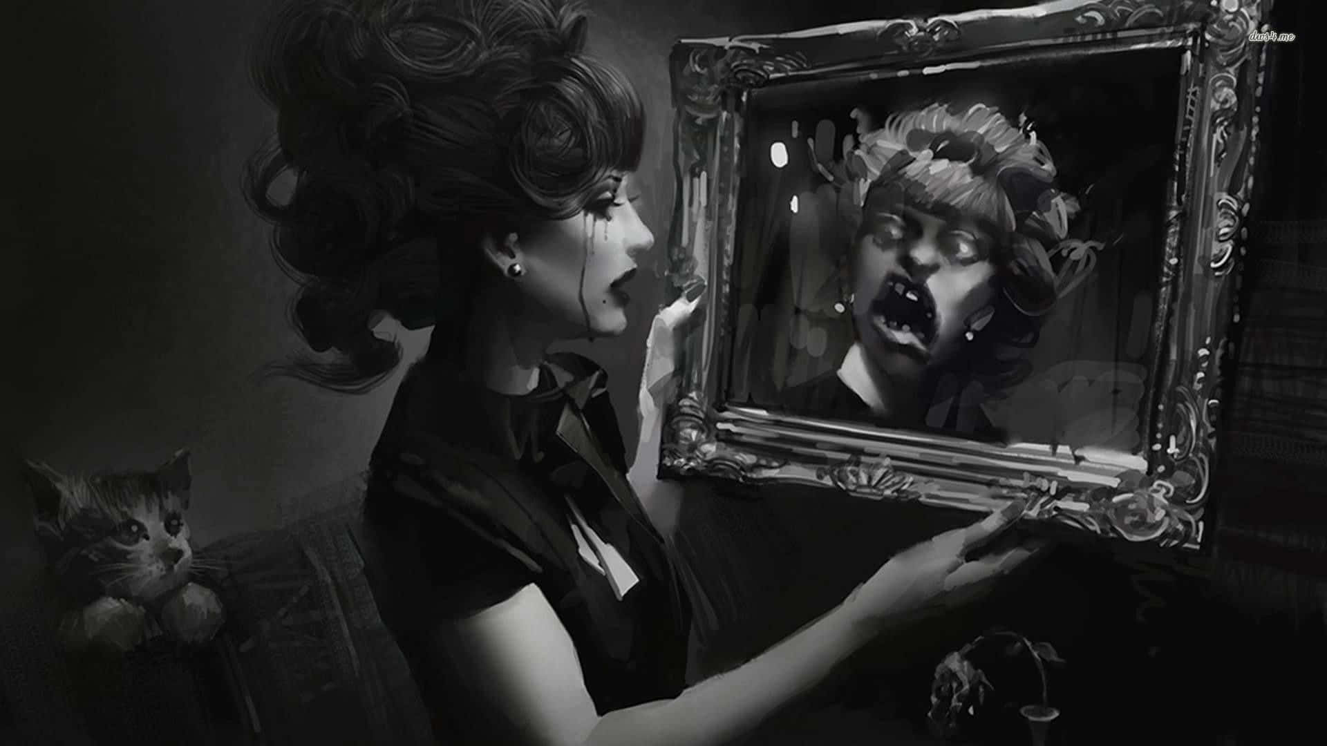 spooky art, woman in black, ornate mirror, Full HD Desktop Wallpaper