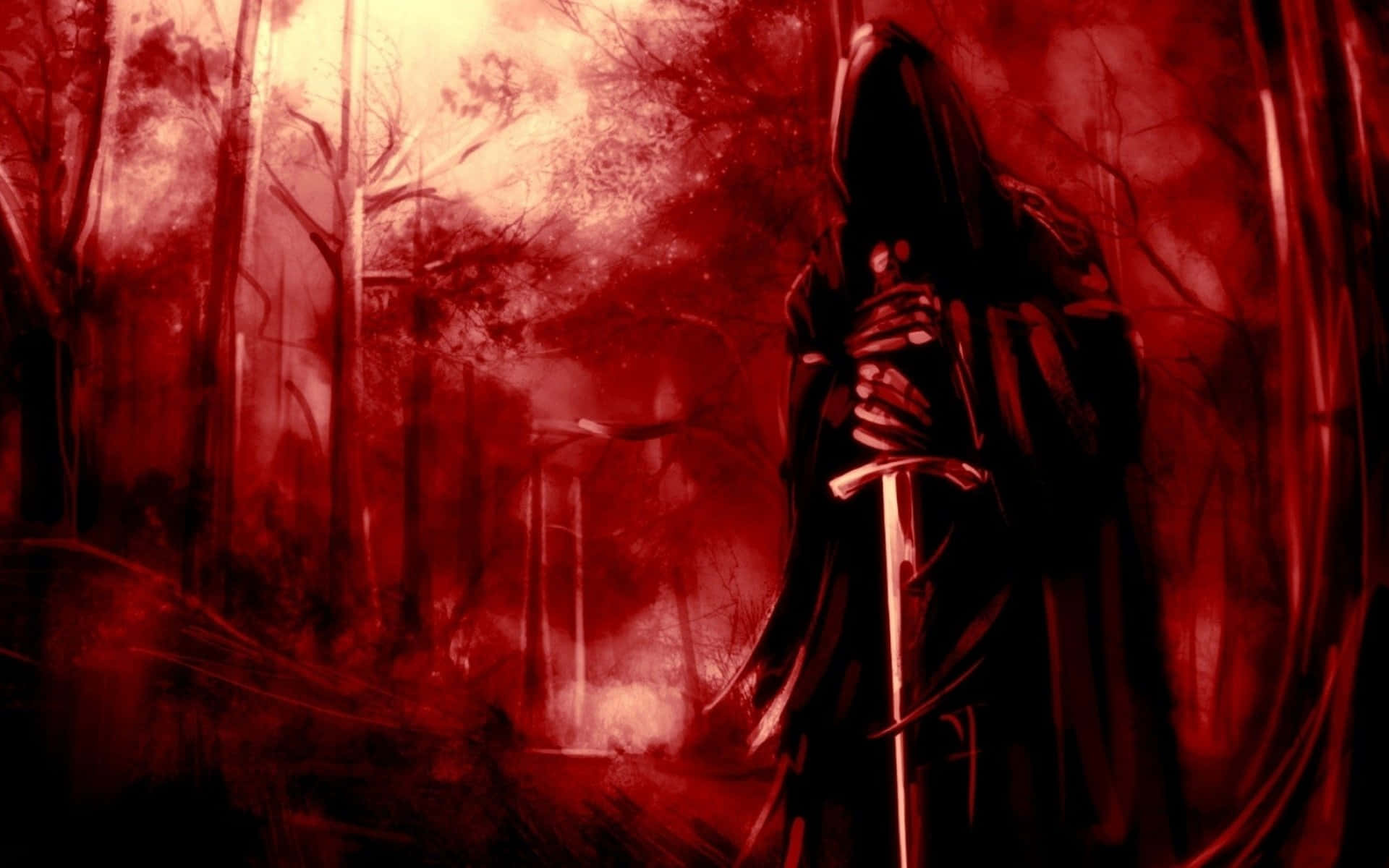 spooky art, blood-red forest, crimson sky, Full HD Desktop Wallpaper