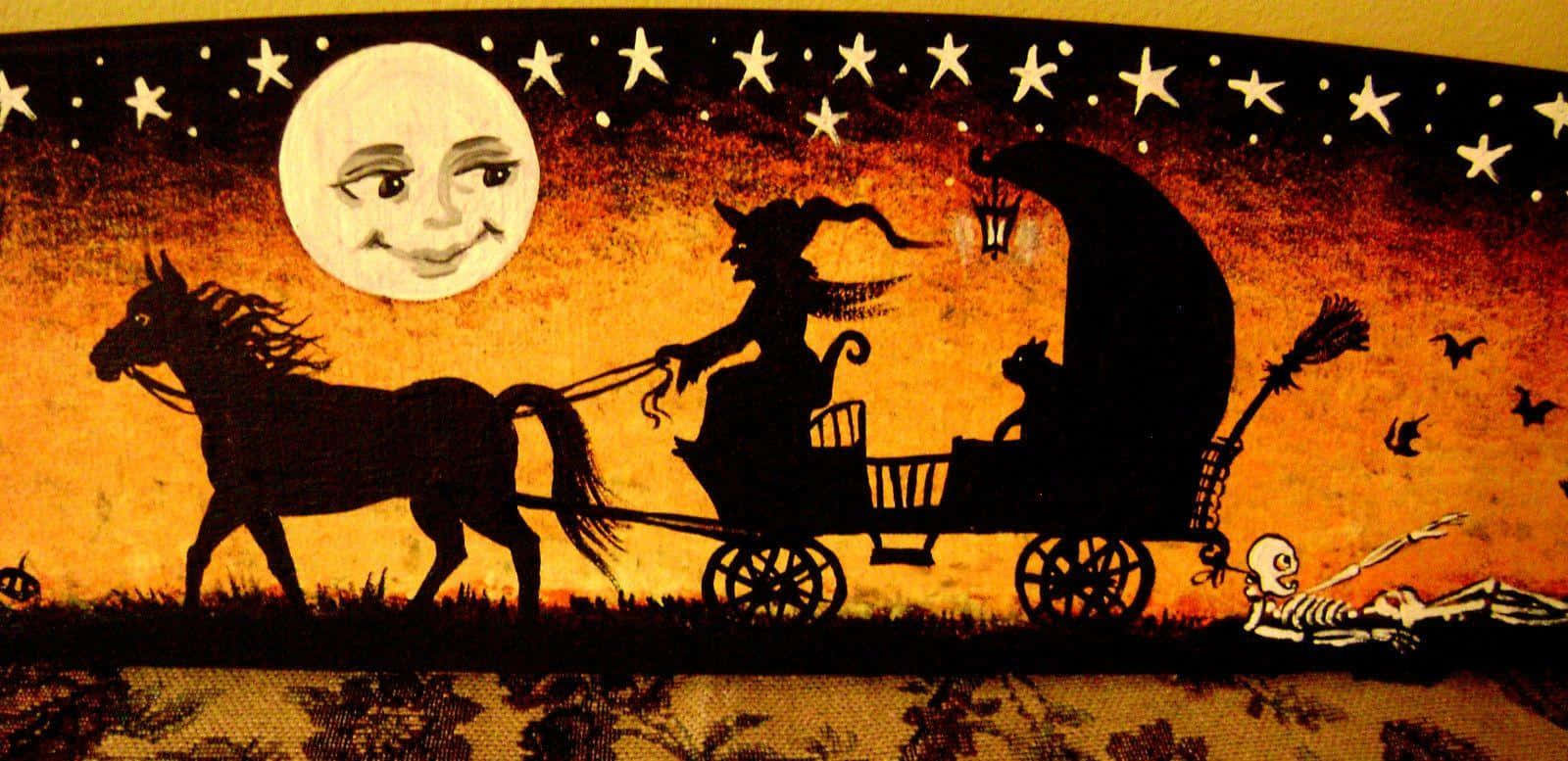witch, horse-drawn carriage, smiling moon, HD Desktop Wallpaper