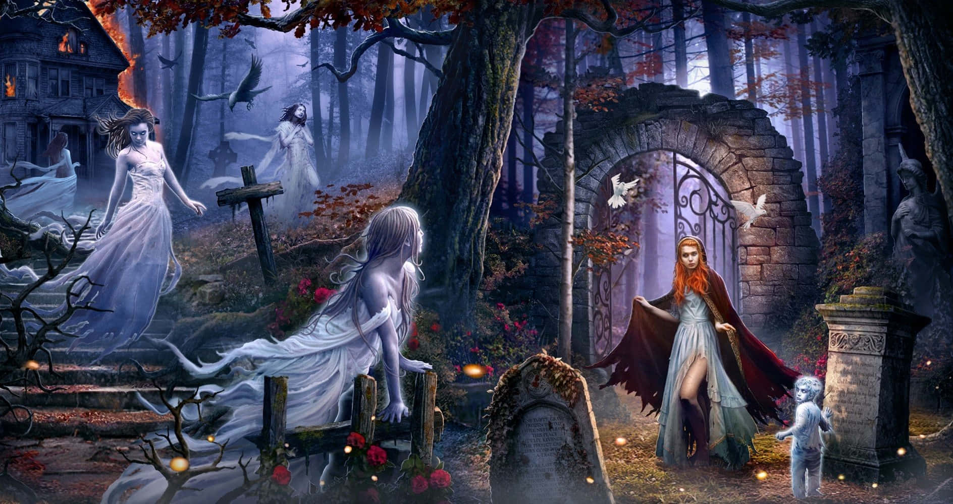 spooky art, ghosts, red-haired woman, HD Desktop Wallpaper