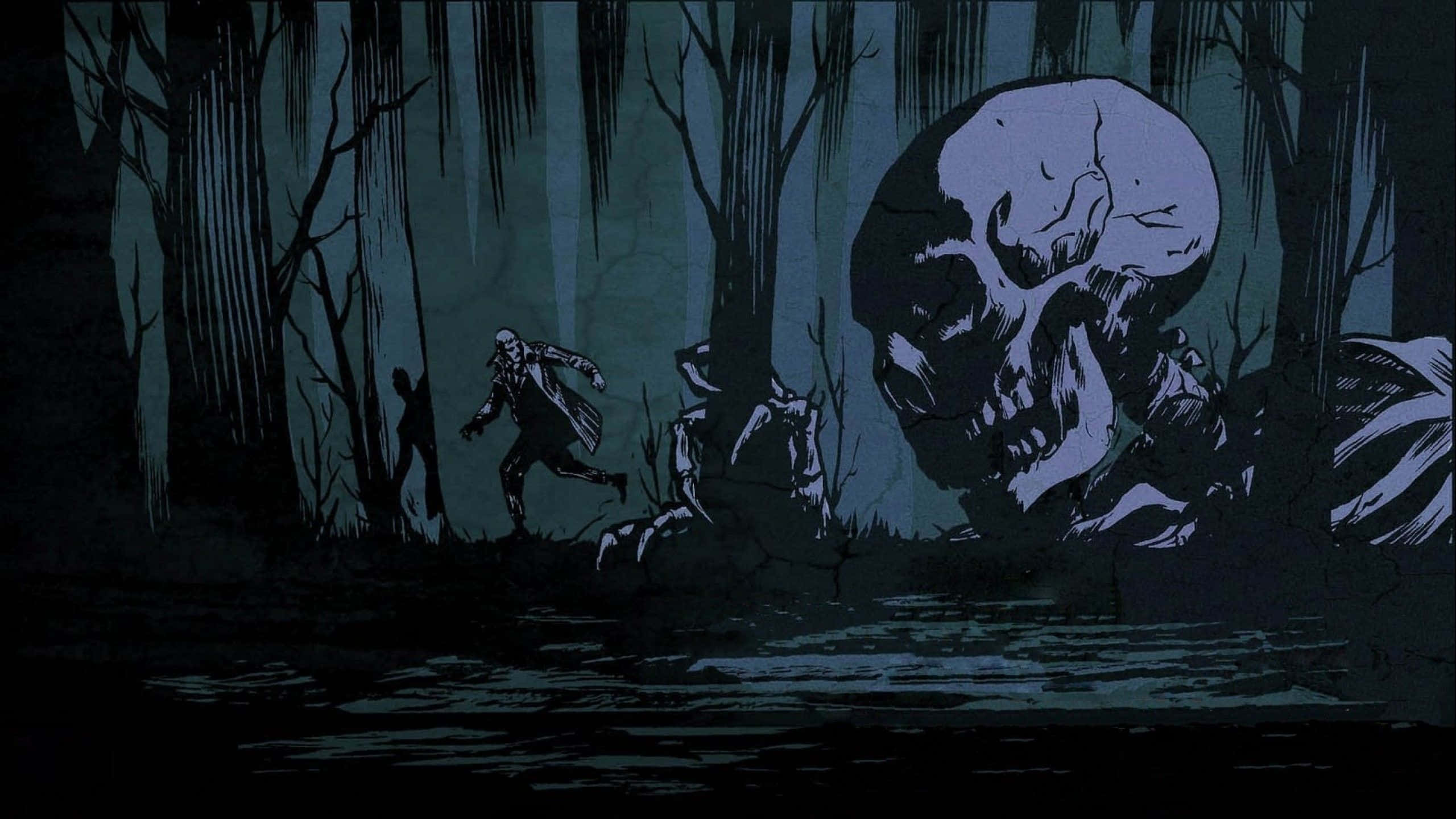 ghostly figure, dark swamp, giant skull, 2K Desktop Wallpaper