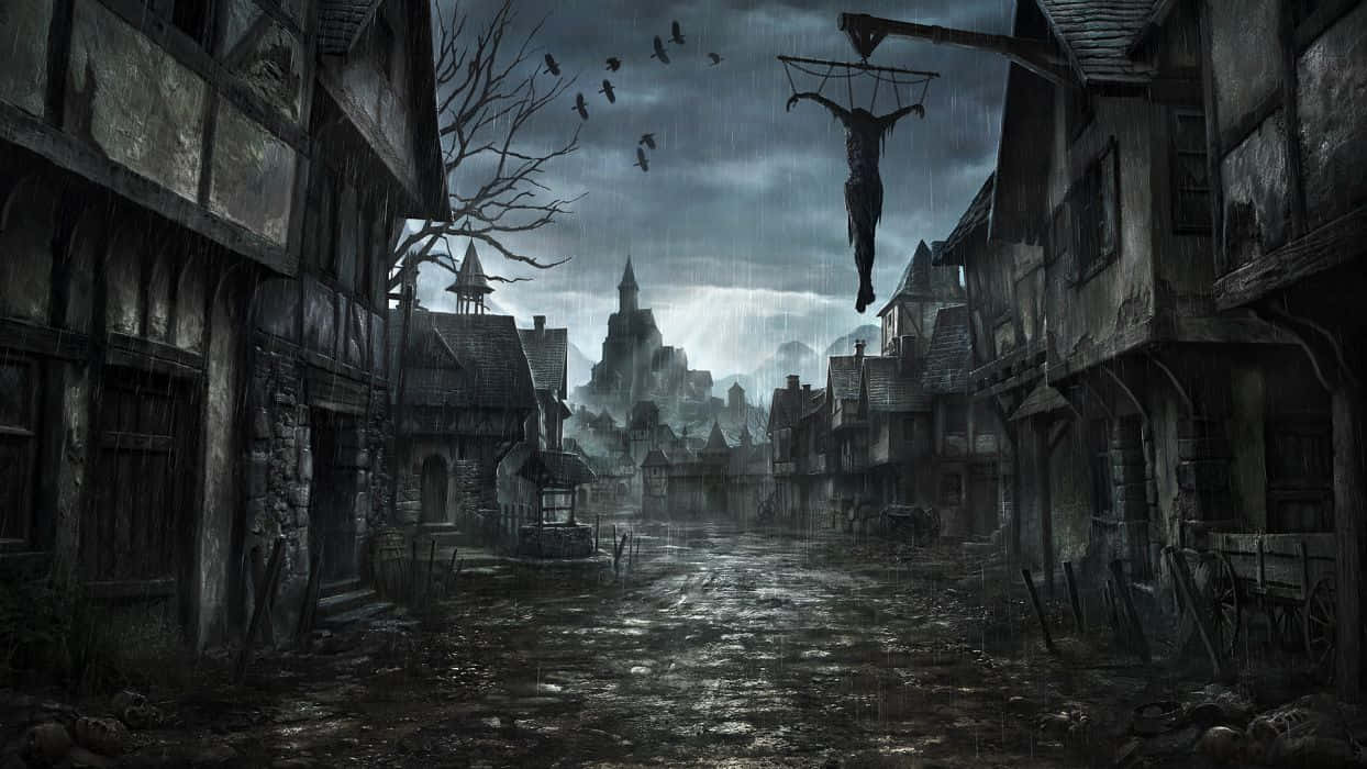 spooky art, medieval village street, stormy skies, SD Desktop Wallpaper