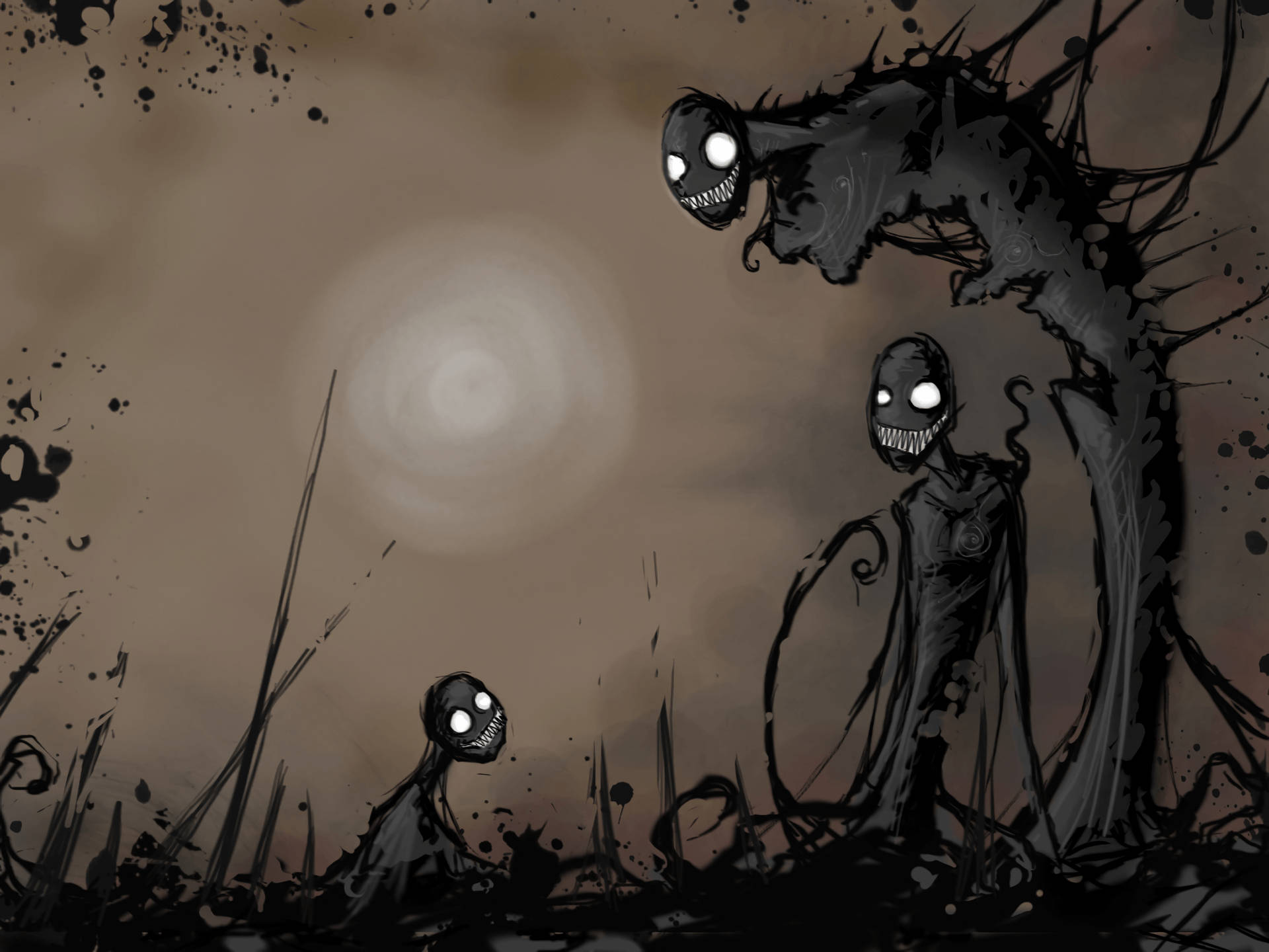 grotesque black creatures, glowing eyes, desolate ink-splattered wasteland, Full HD Desktop Wallpaper