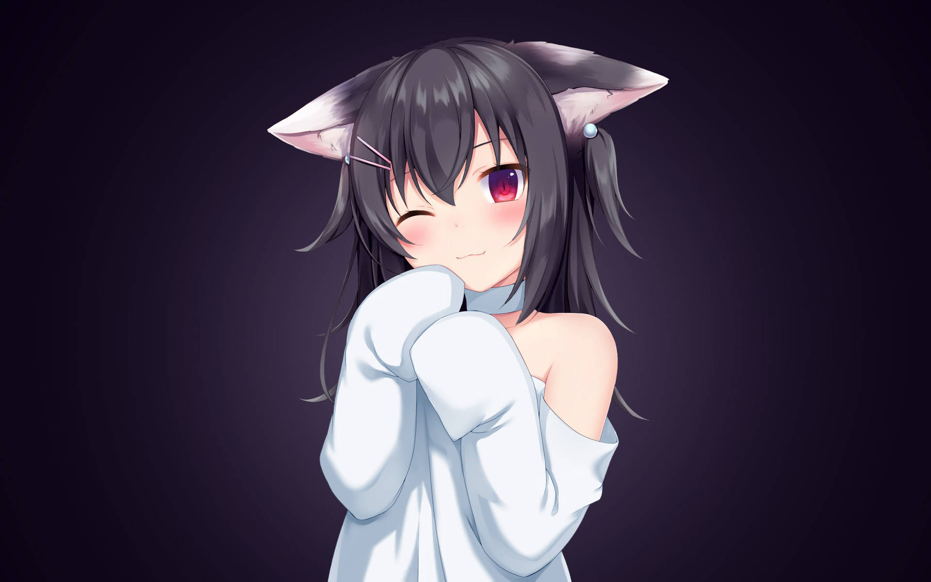 anime girl, dark hair, fox ears, Full HD Desktop Wallpaper