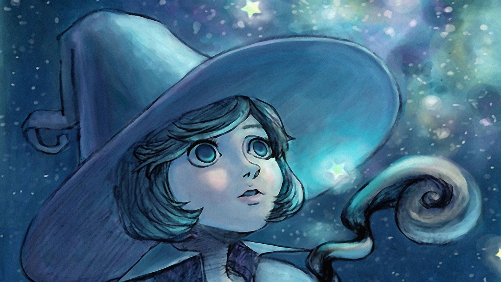 witchy child, wide blue eyes, starry cosmic sky, Full HD Desktop Wallpaper