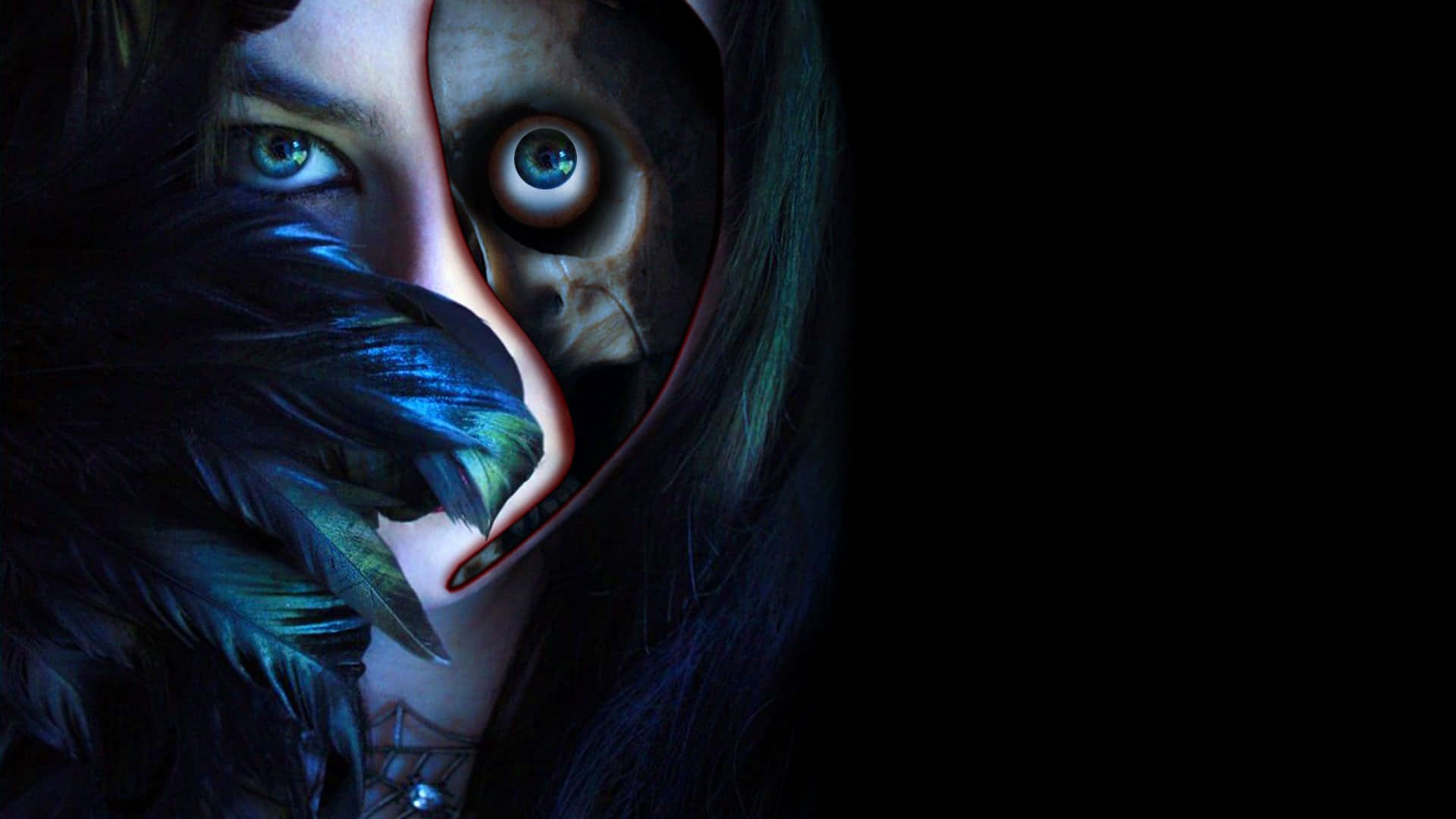spooky art, split-face portrait, glowing eyes, Full HD Desktop Wallpaper