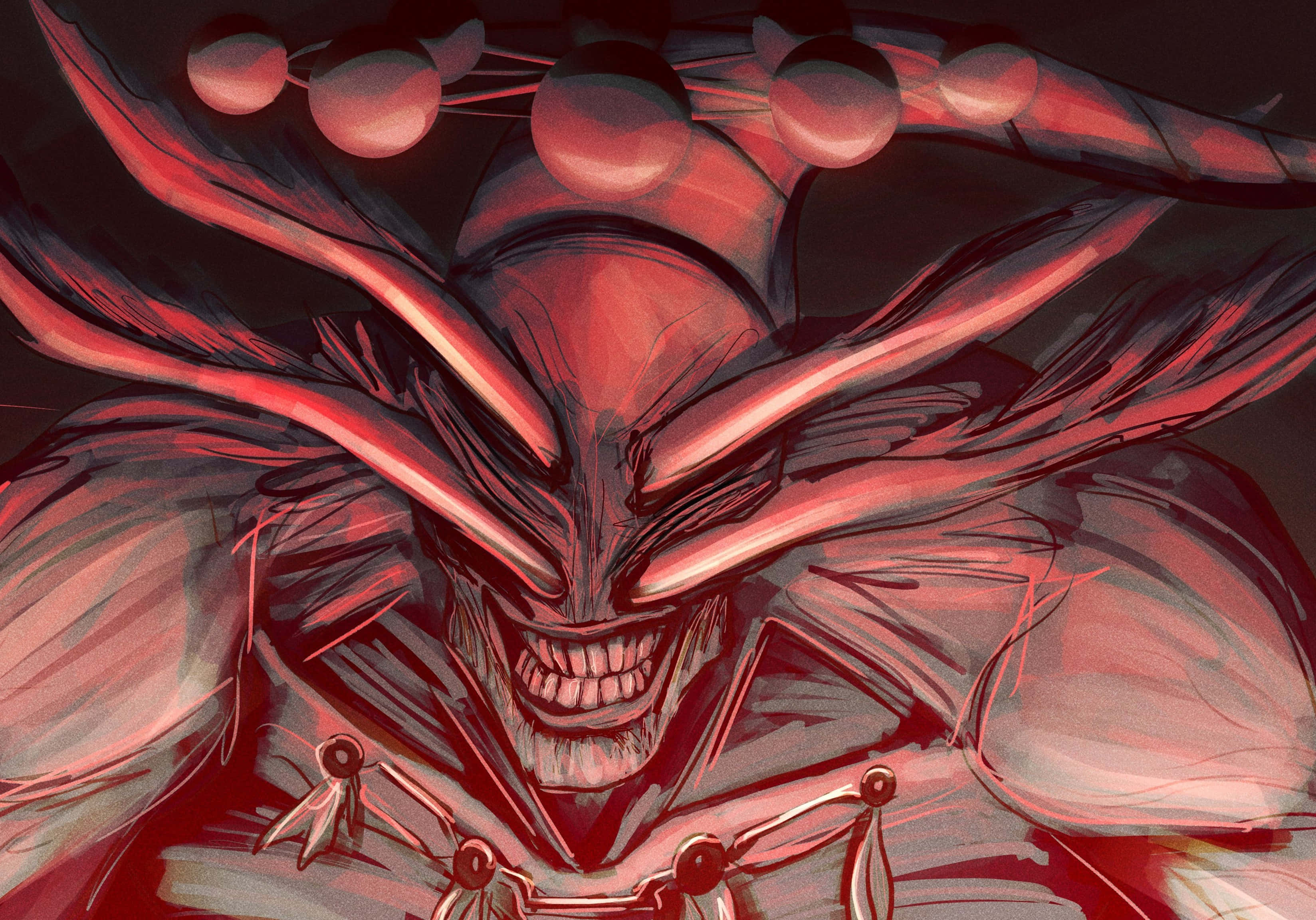 demonic figure, multiple eyes, sharp teeth, 2K Desktop Wallpaper