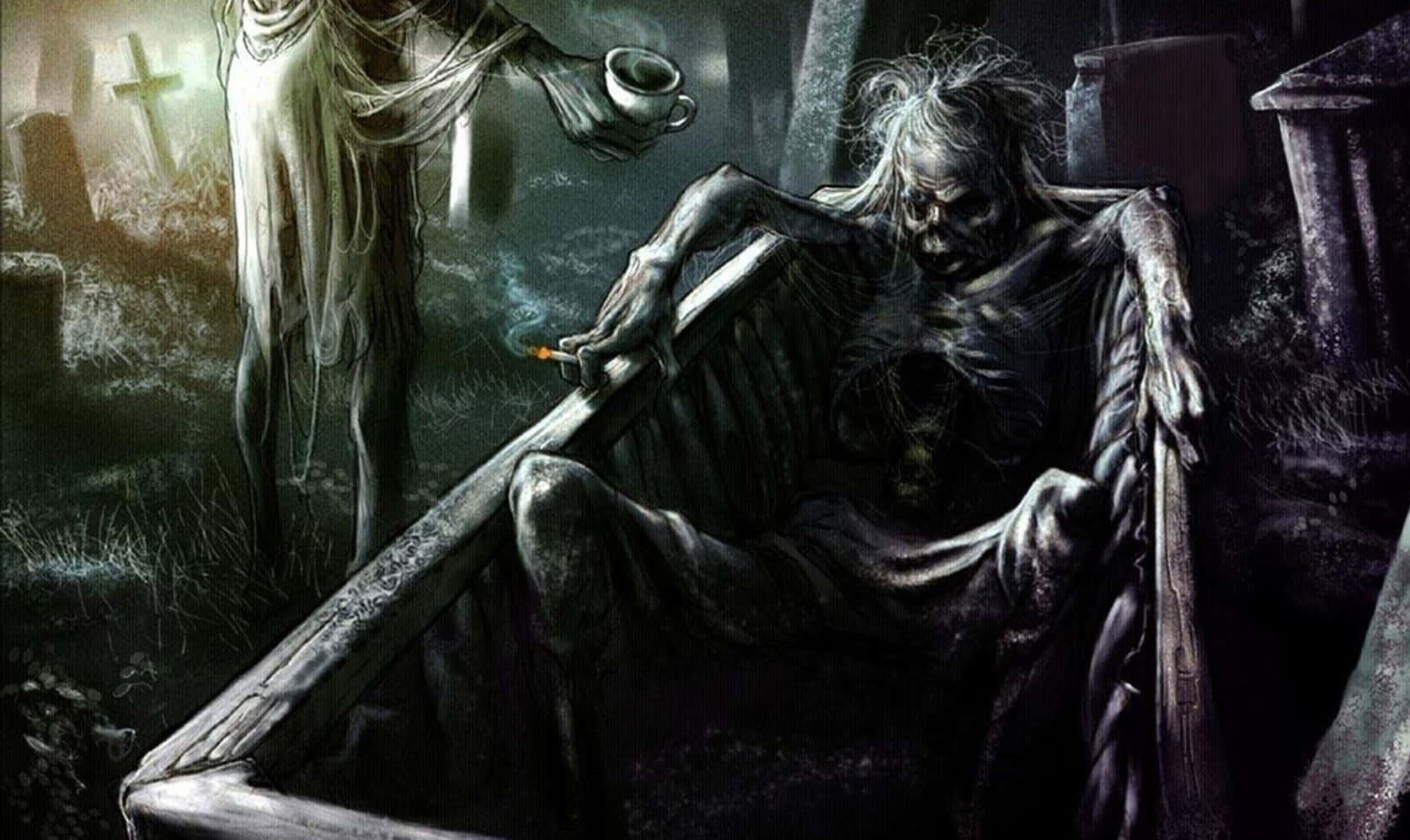 spooky art, skeletal figure, open coffin, HD Desktop Wallpaper