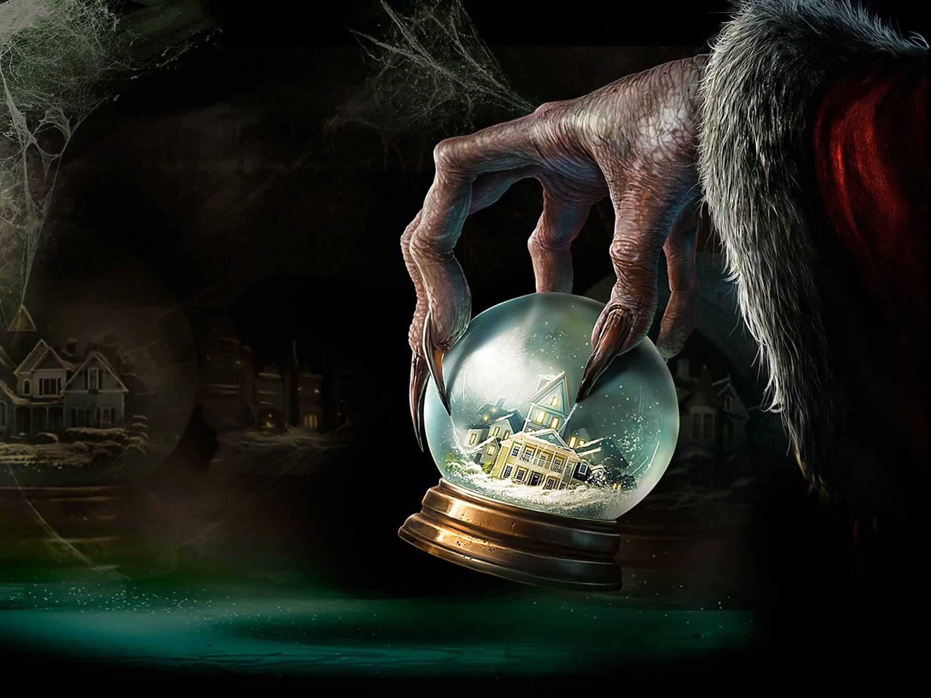 snow globe, haunted house, grotesque clawed hand, Full HD Desktop Wallpaper