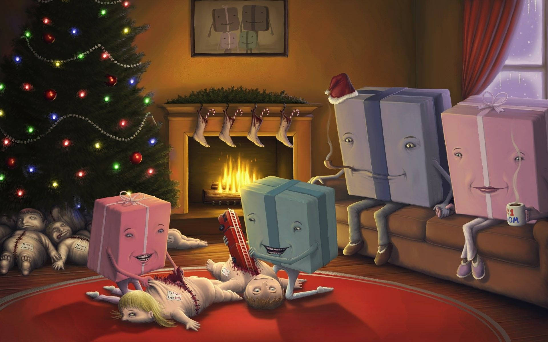 Scary Christmas, animated gift boxes with faces, couch, Full HD Desktop Wallpaper