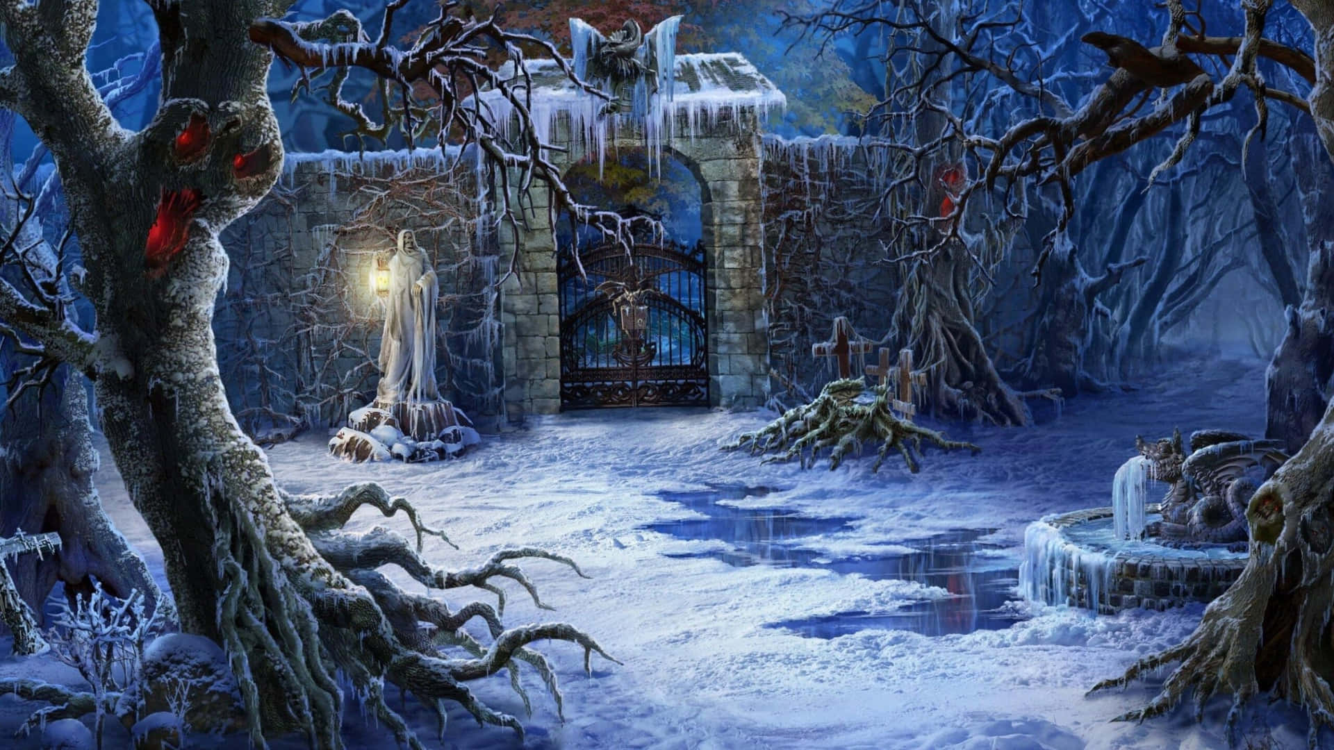 Spooky Christmas, frozen gothic gate, icy trees, Full HD Desktop Wallpaper