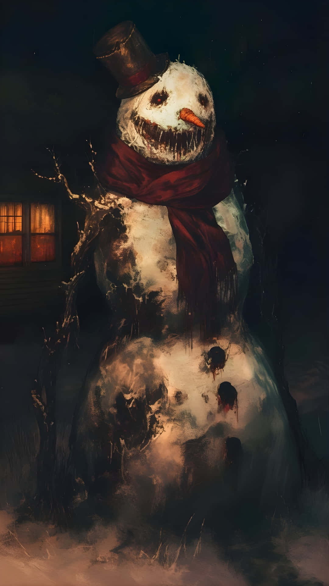 haunted snowman, top hat, red scarf, Full HD Phone Wallpaper