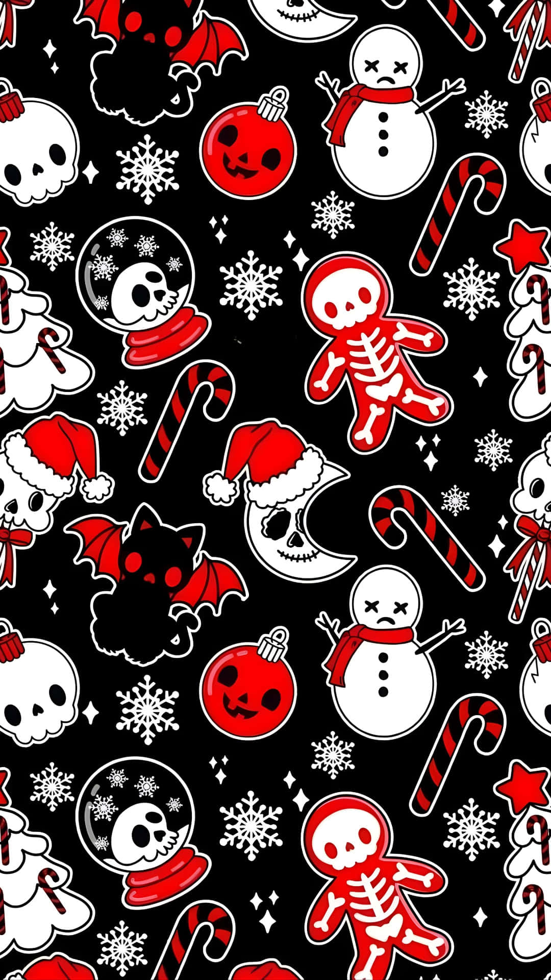 Spooky Christmas, black wallpaper pattern, red and white skulls, Full HD Phone Wallpaper
