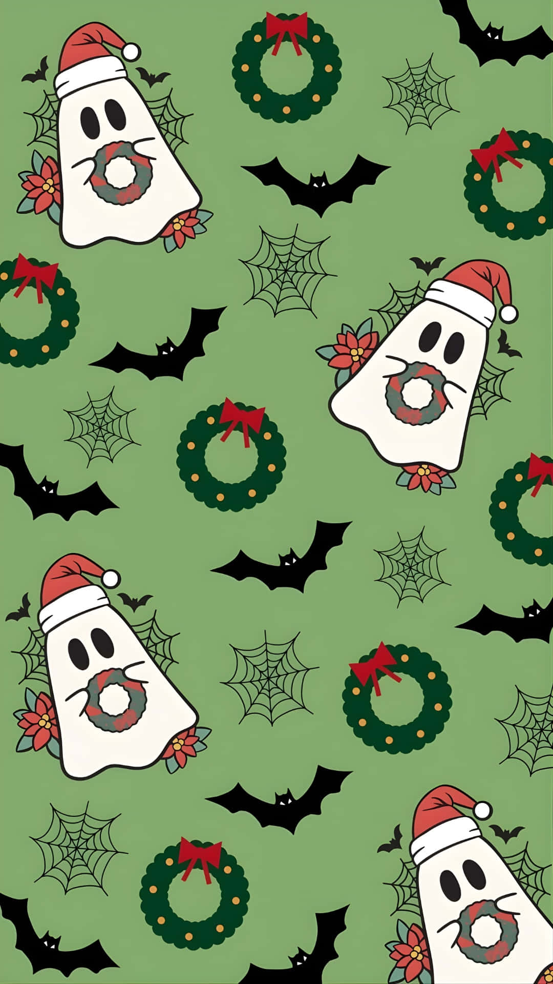 Spooky Christmas, green wallpaper, white ghosts, Full HD Phone Wallpaper