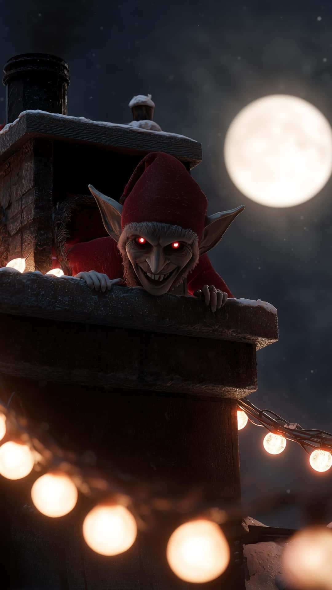 eerie christmas elf, sinister red-capped goblin, glowing red eyes, Full HD Phone Wallpaper