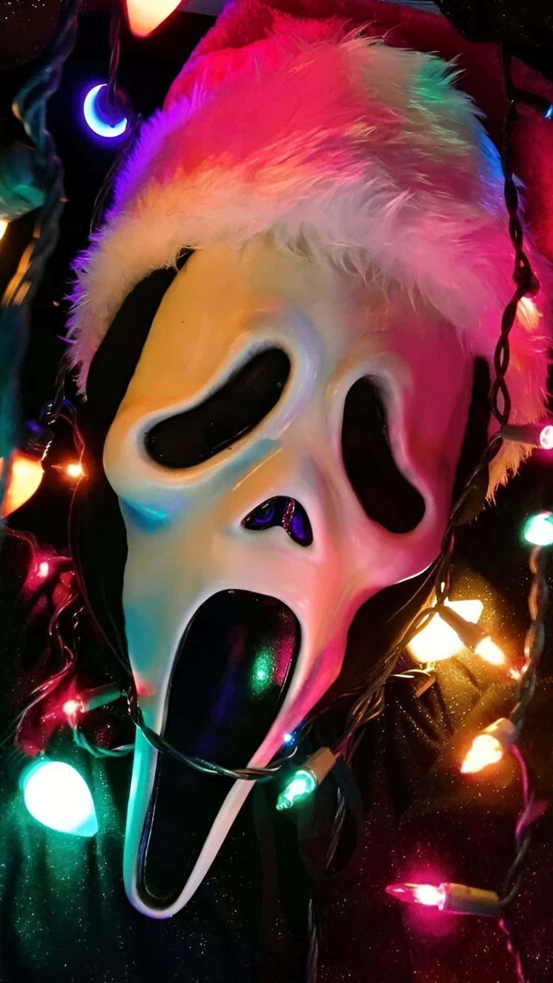 Spooky Christmas Mask, white ghostface mask, fluffy red hat, Full HD Phone Wallpaper