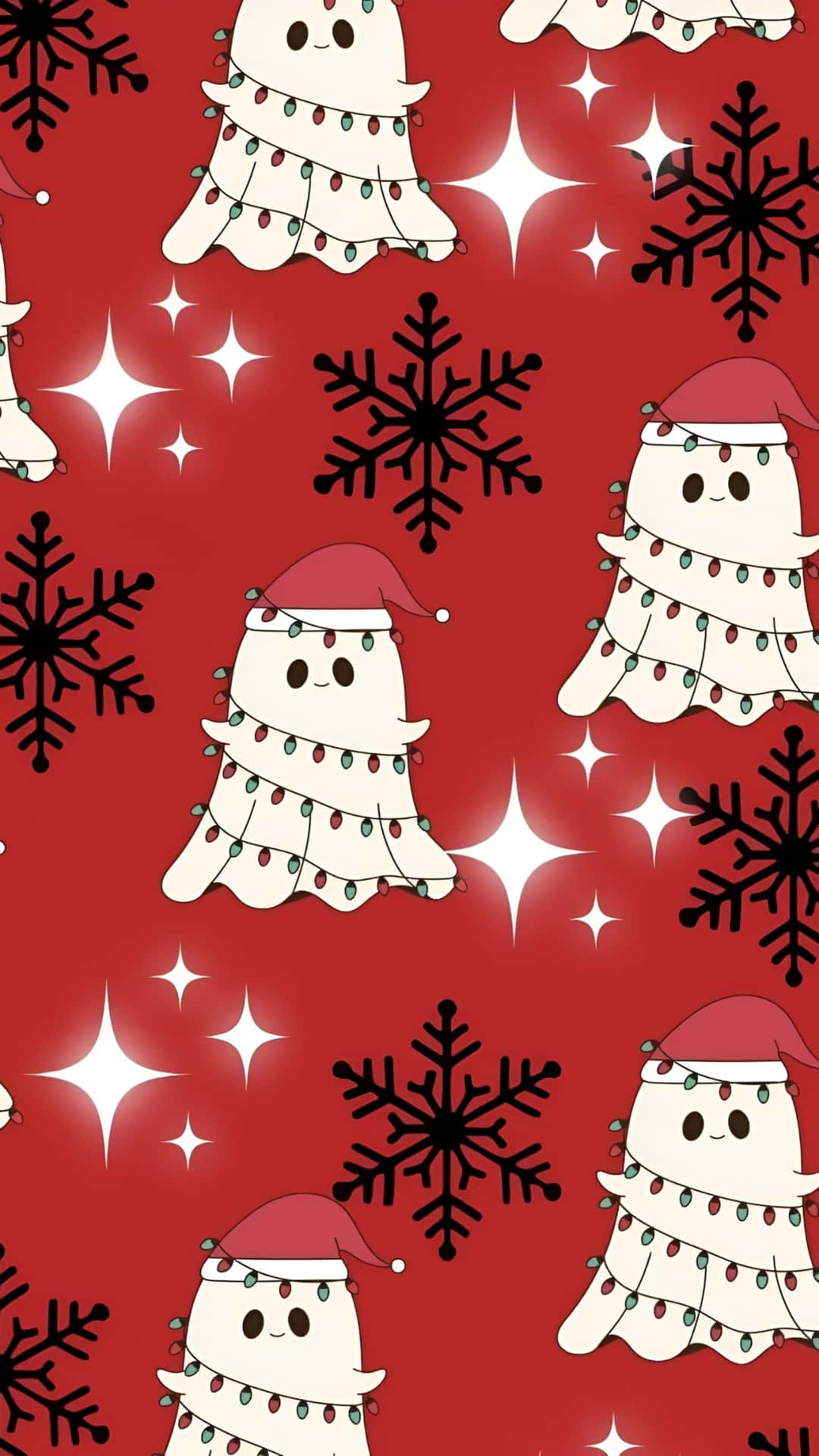 Spooky Christmas, white ghost characters, red hats, Full HD Phone Wallpaper