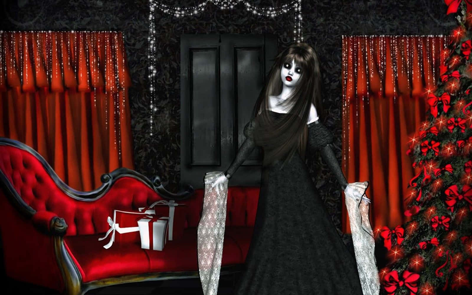 Spooky Dark Christmas Scene, pale gothic woman, black gown, HD Desktop Wallpaper