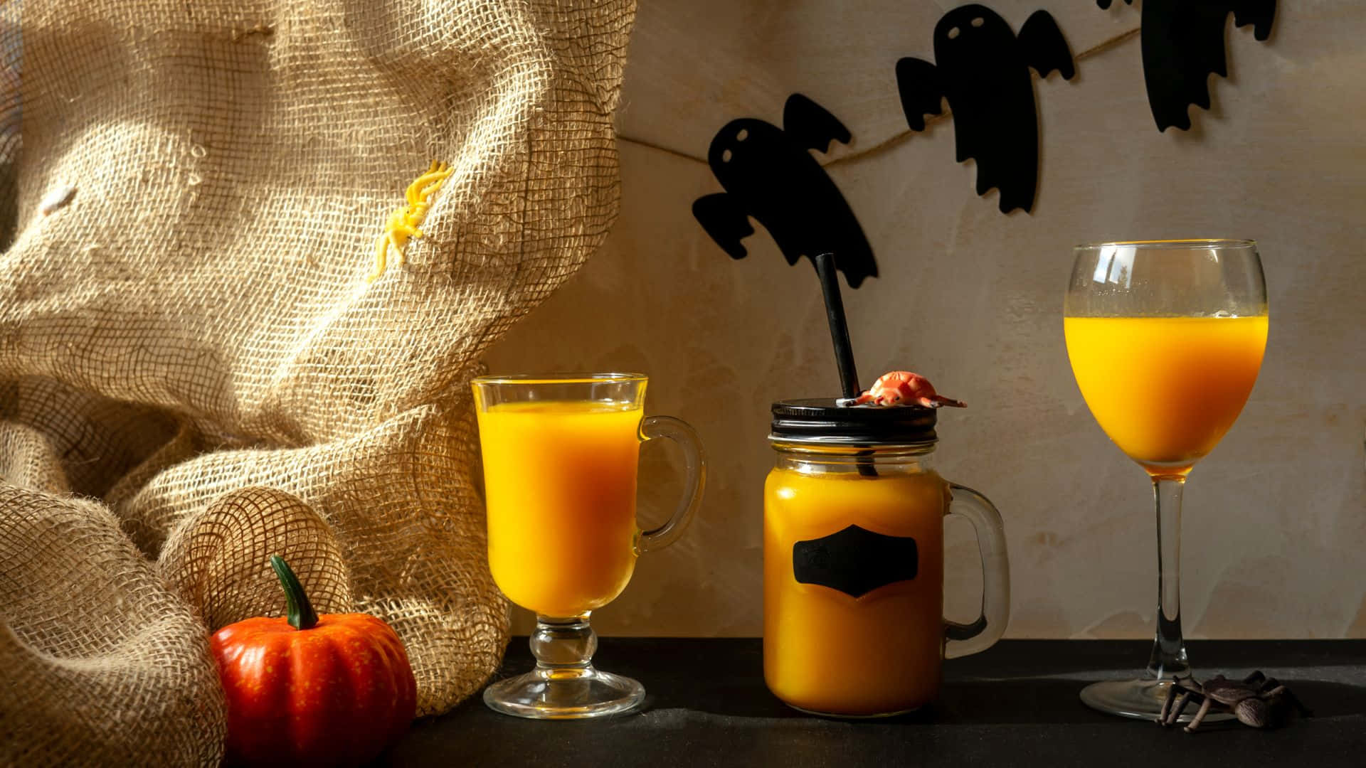 Spooky Cocktails, orange Halloween drinks, glassware, Full HD Desktop Wallpaper
