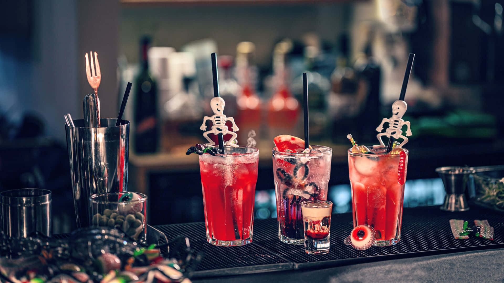 Spooky Cocktails, red cocktails, skeleton picks, Full HD Desktop Wallpaper