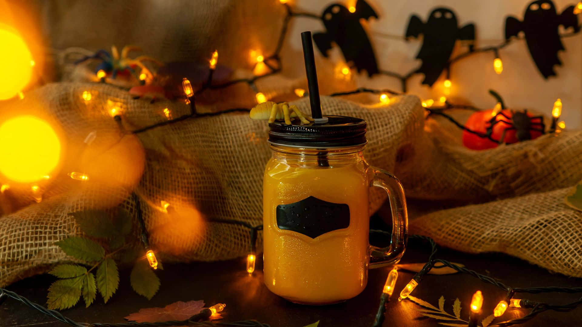 Spooky Cocktails, mason jar, glowing orange drink, Full HD Desktop Wallpaper
