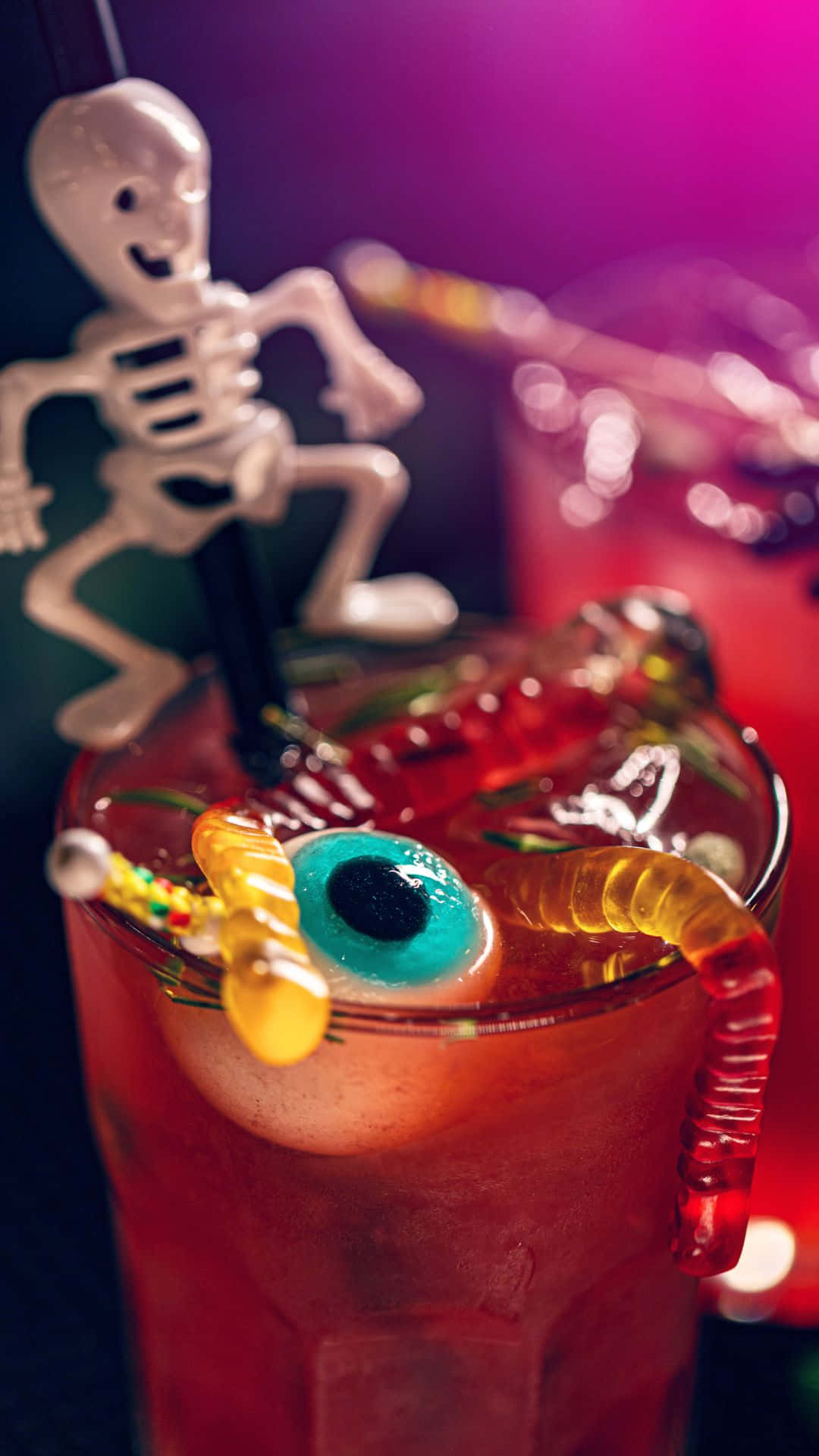 spooky cocktails, vibrant red cocktail, plastic skeleton straw, Full HD Phone Wallpaper