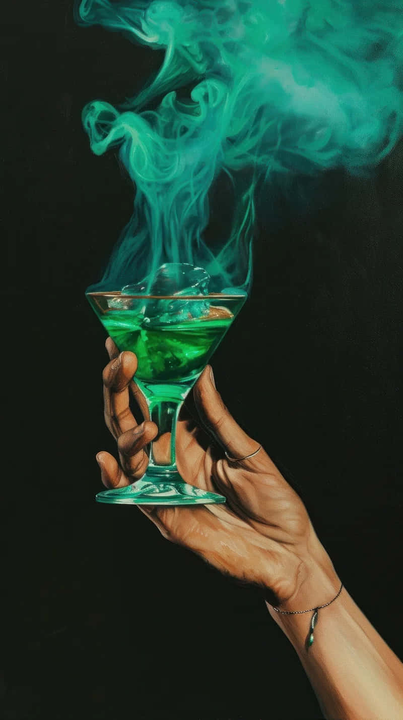 martini glass, glowing green liquid, swirling teal smoke, HD Phone Wallpaper