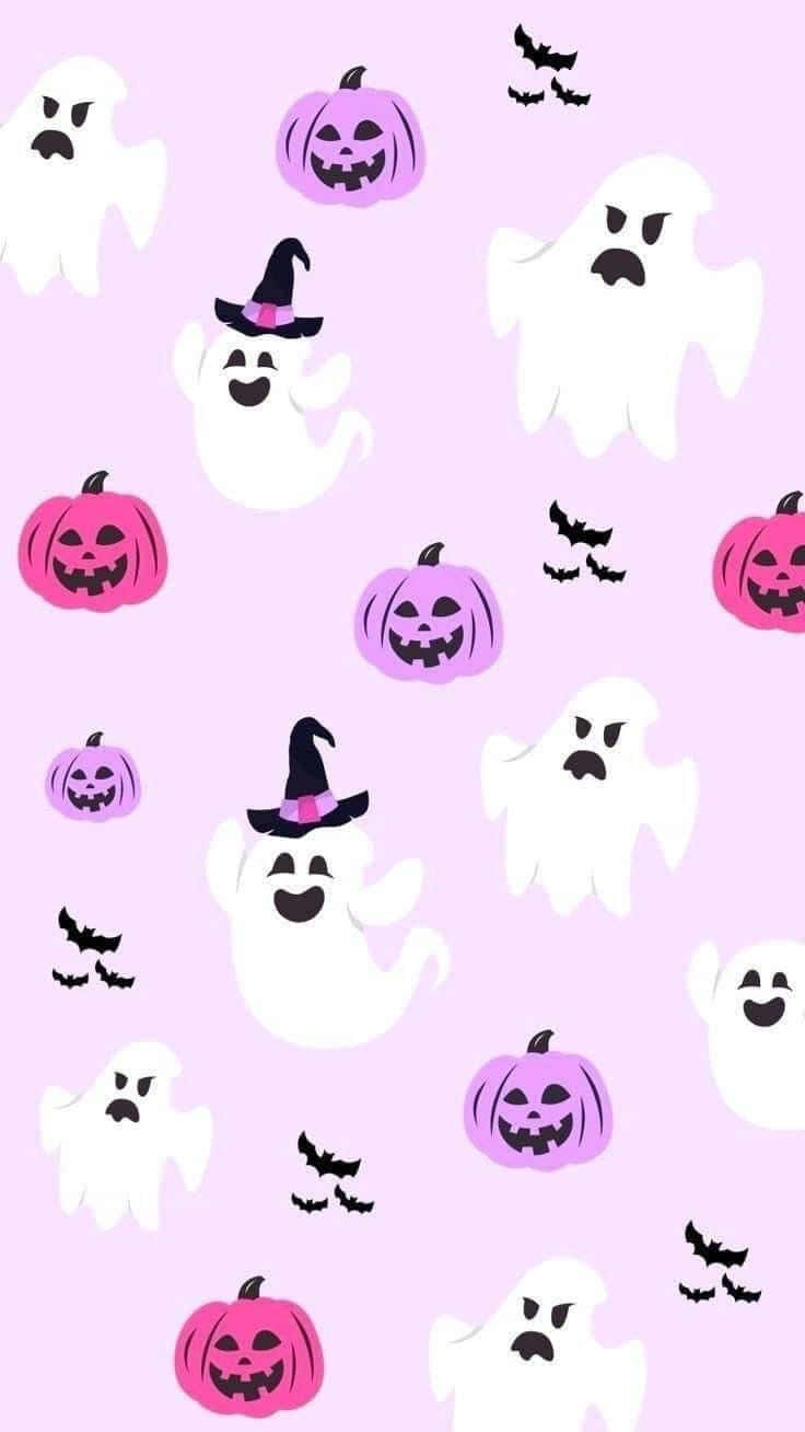 cute spooky halloween pattern, white ghosts, pink pumpkins, HD Phone Wallpaper