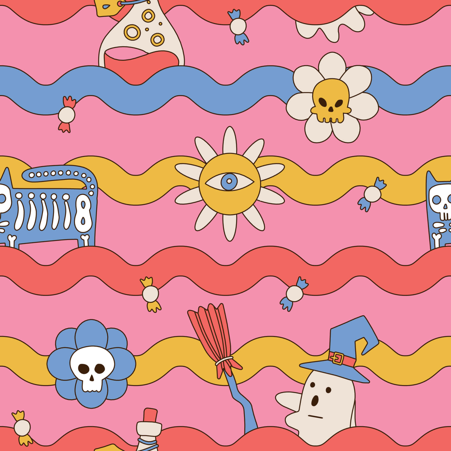 Colorful Halloween Pattern, vibrant pink background, cartoon skulls, Full HD Desktop Wallpaper