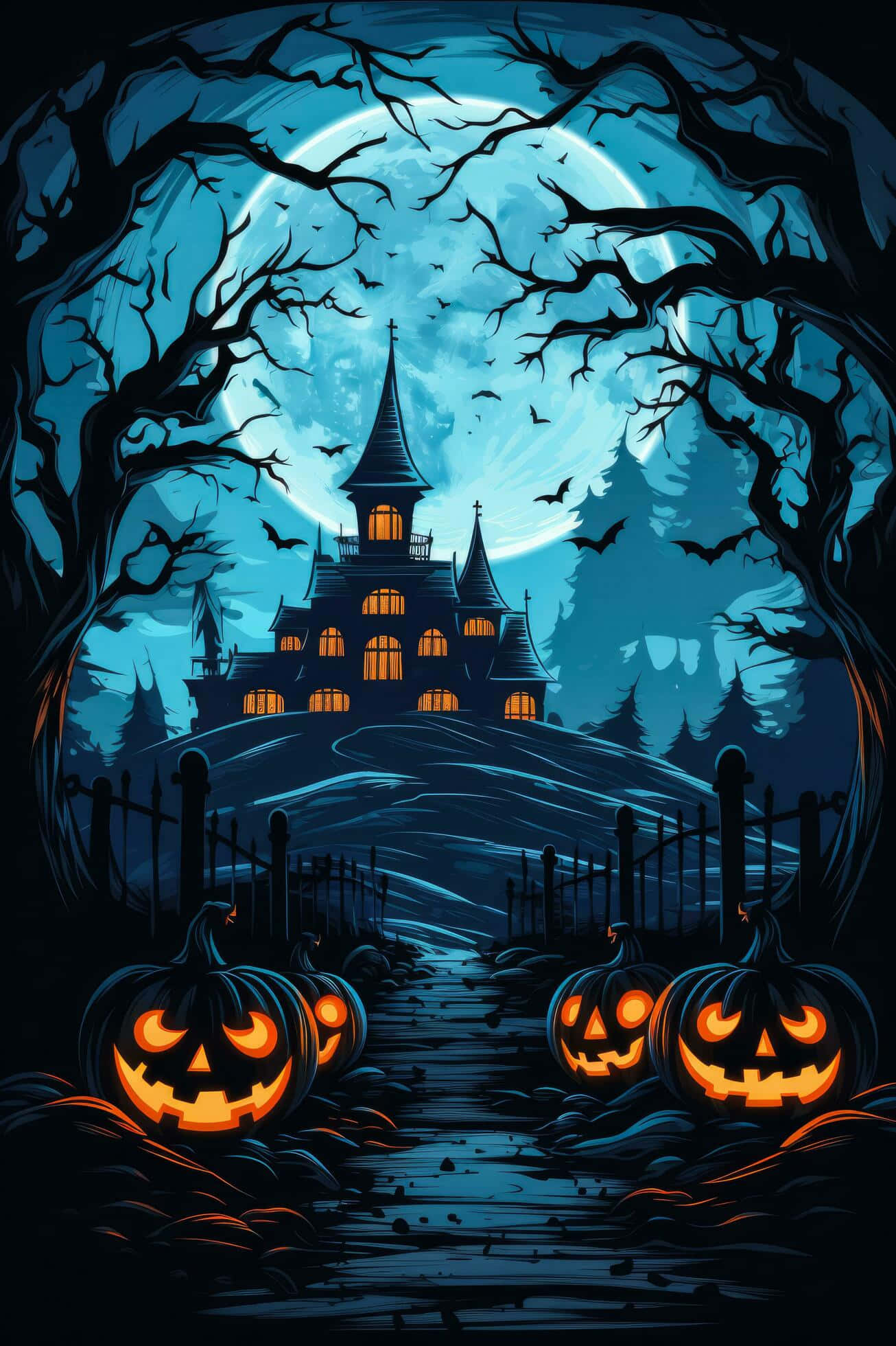 haunted castle, glowing jack-o'-lanterns, full moon, Full HD Phone Wallpaper