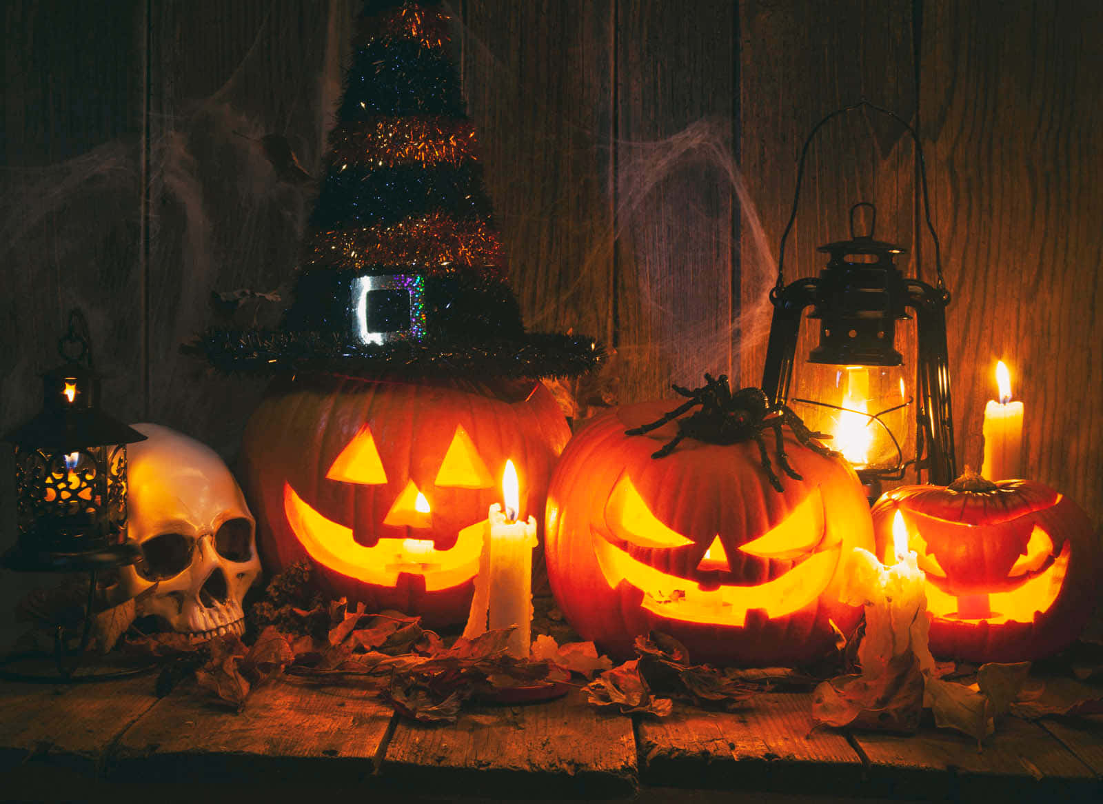 jack-o-lanterns, rustic wooden table, candles lanterns, HD Desktop Wallpaper
