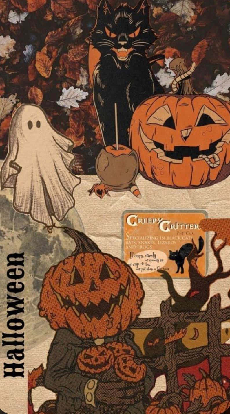 Vintage Halloween Collage, black cat, jack o' lantern, HD Phone Wallpaper