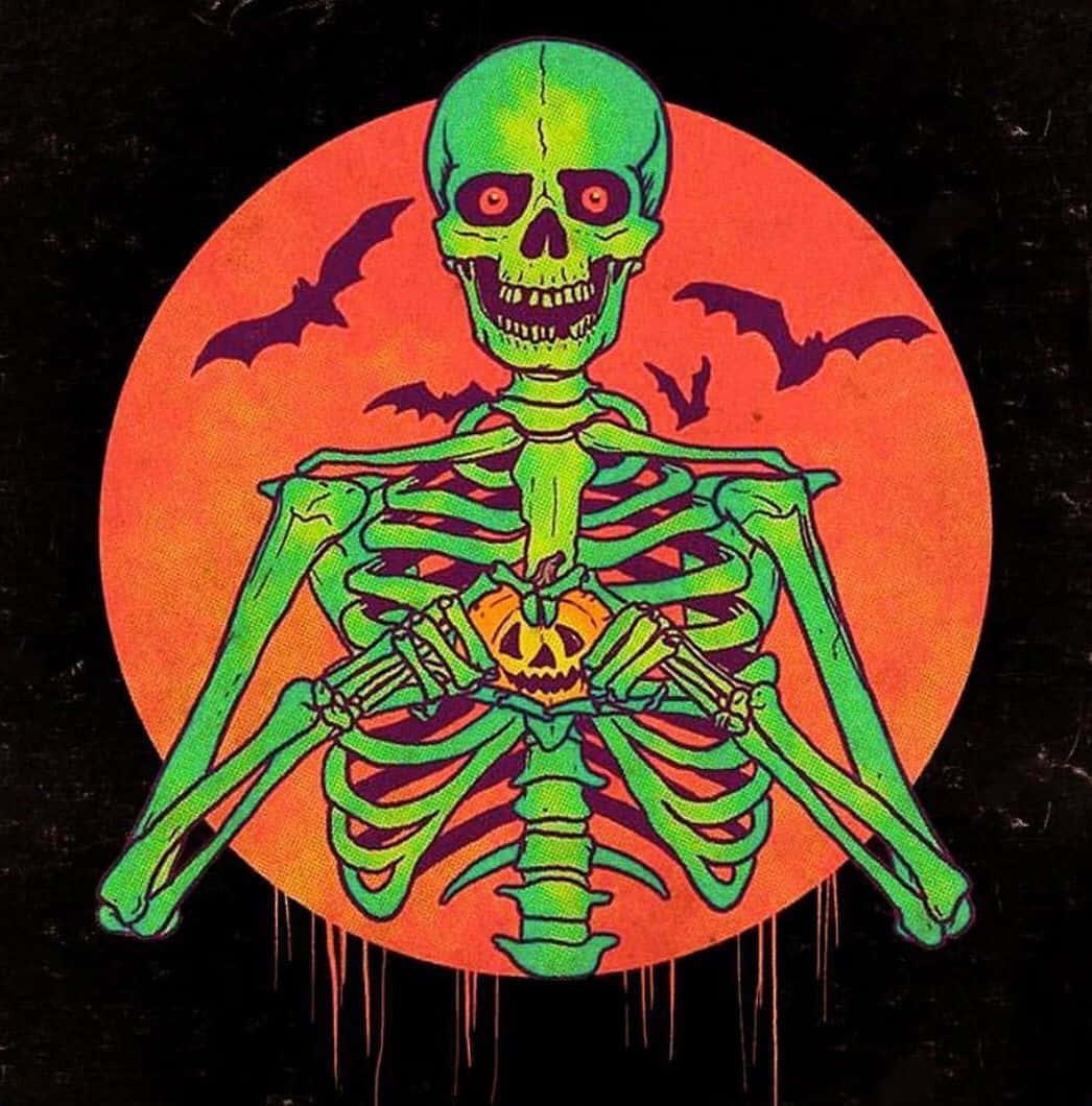 neon skeleton, glowing green skeleton, orange moon, SD Phone Wallpaper