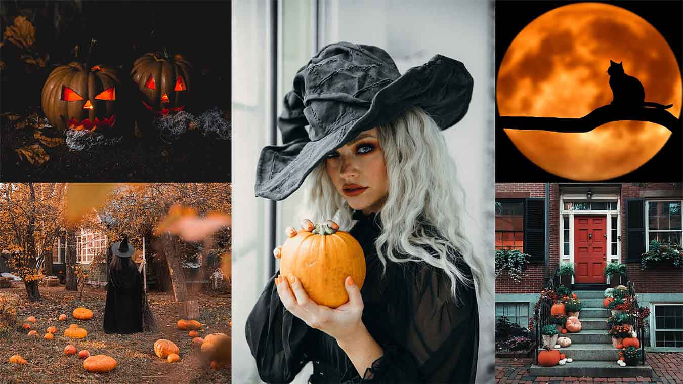 Halloween Collage, glowing jack-o'-lanterns, witch holding a pumpkin, HD Desktop Wallpaper