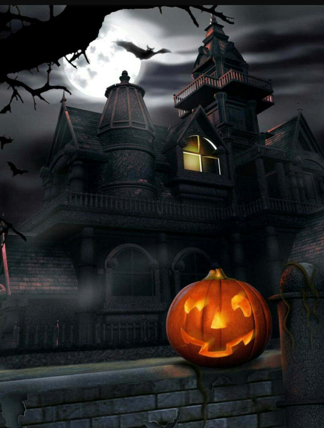 jack-o'-lantern, haunted mansion, full moon, HD Phone Wallpaper