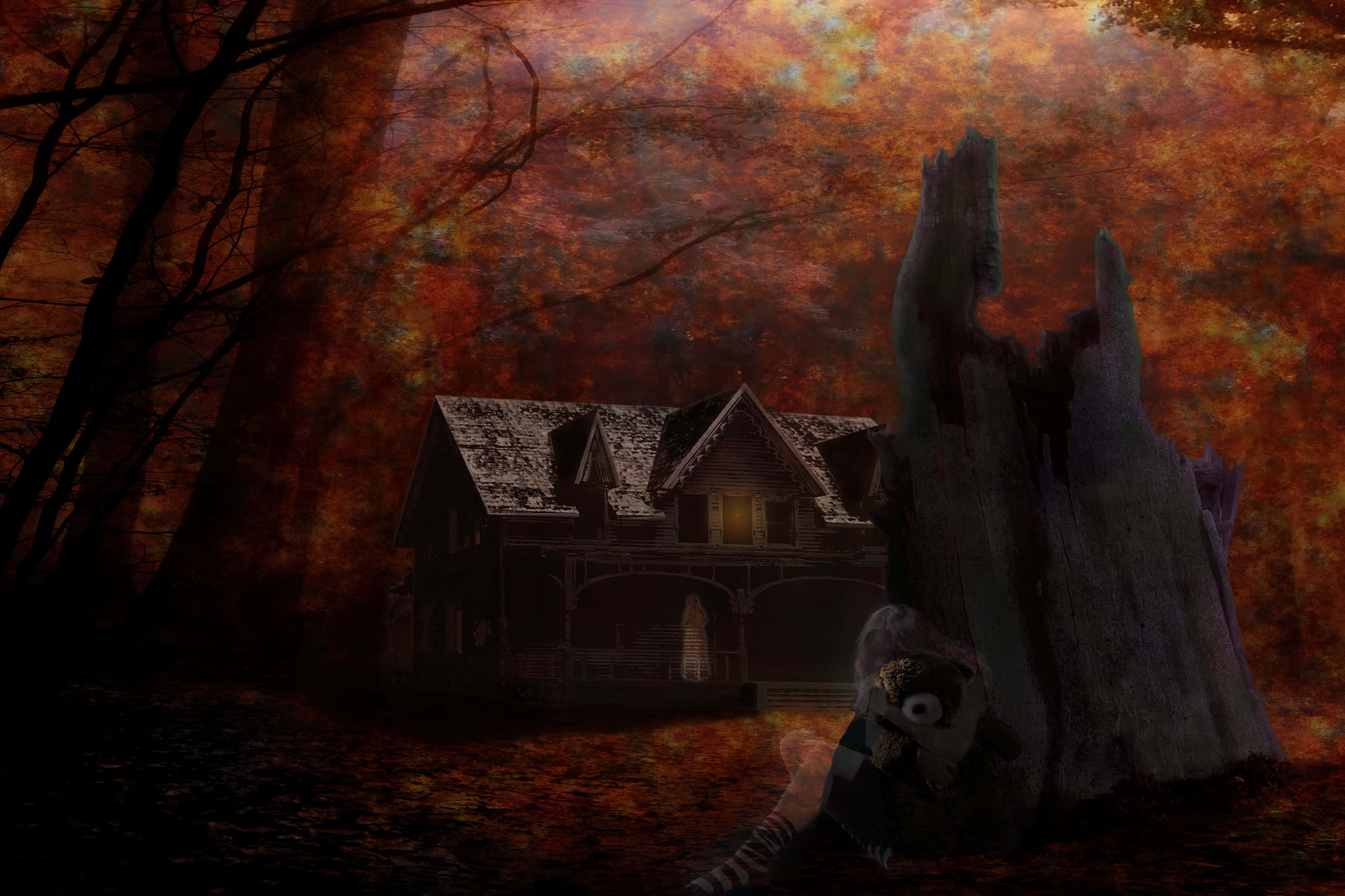 Spooky Halloween, haunted house, glowing window, 2K Desktop Wallpaper