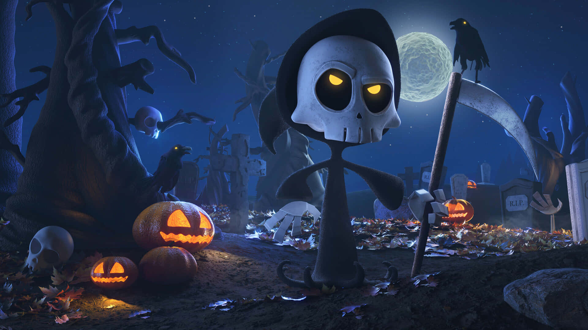 grim reaper, full moon, spooky graveyard, Full HD Desktop Wallpaper