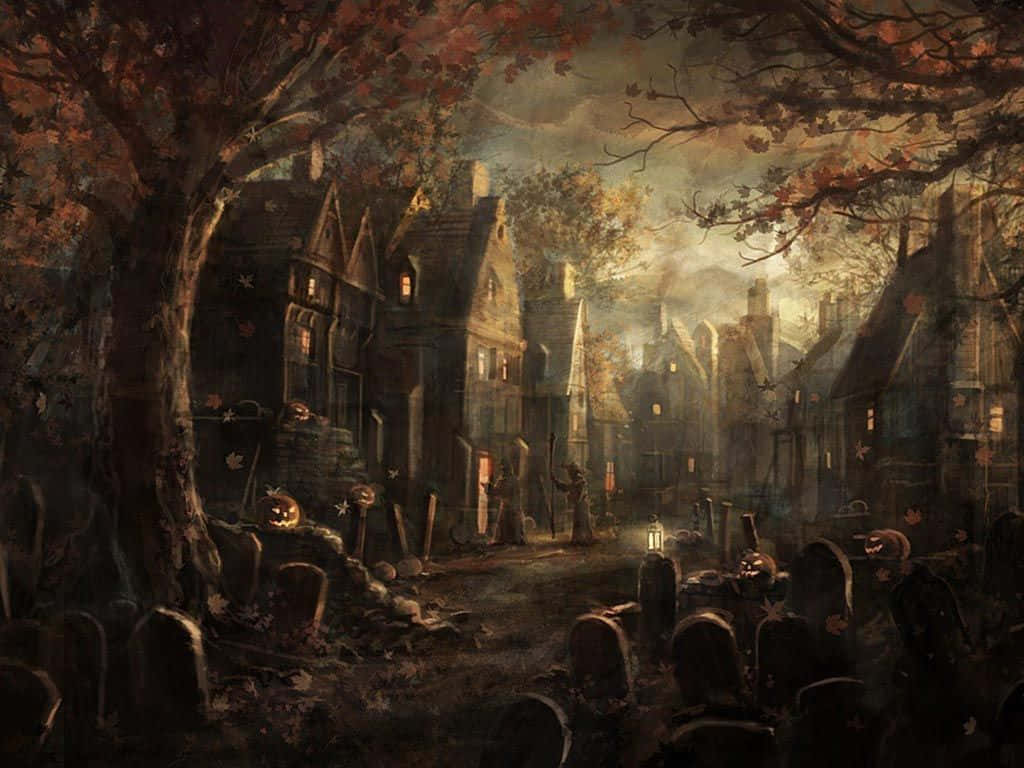 Spooky Dark Cemetery Desktop, Halloween village, glowing jack-o'-lanterns, SD Desktop Wallpaper