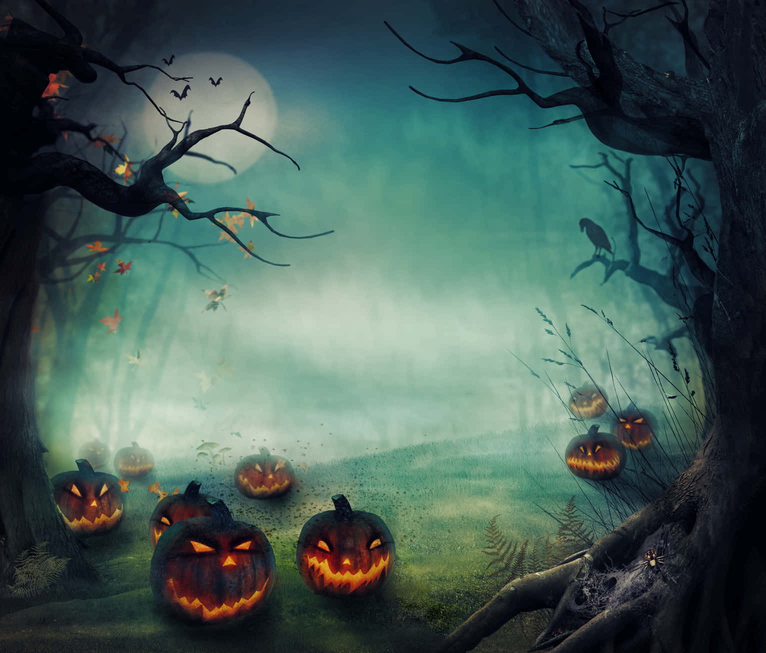jack-o-lanterns, misty moonlit forest, bare trees, HD Desktop Wallpaper