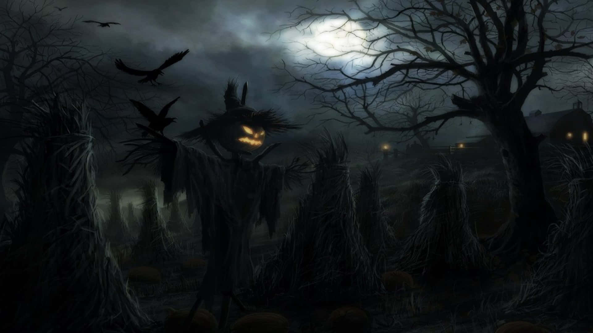 spooky Halloween, glowing jack-o'-lantern scarecrow, misty moonlit field, Full HD Desktop Wallpaper
