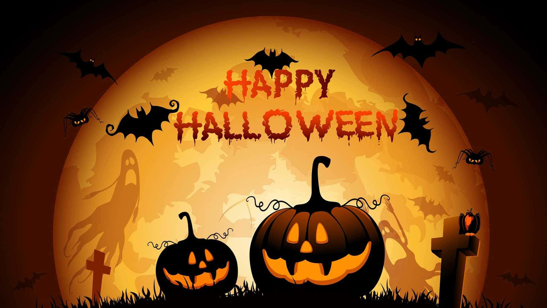 jack-o'-lanterns, bats, giant orange moon, Full HD Desktop Wallpaper