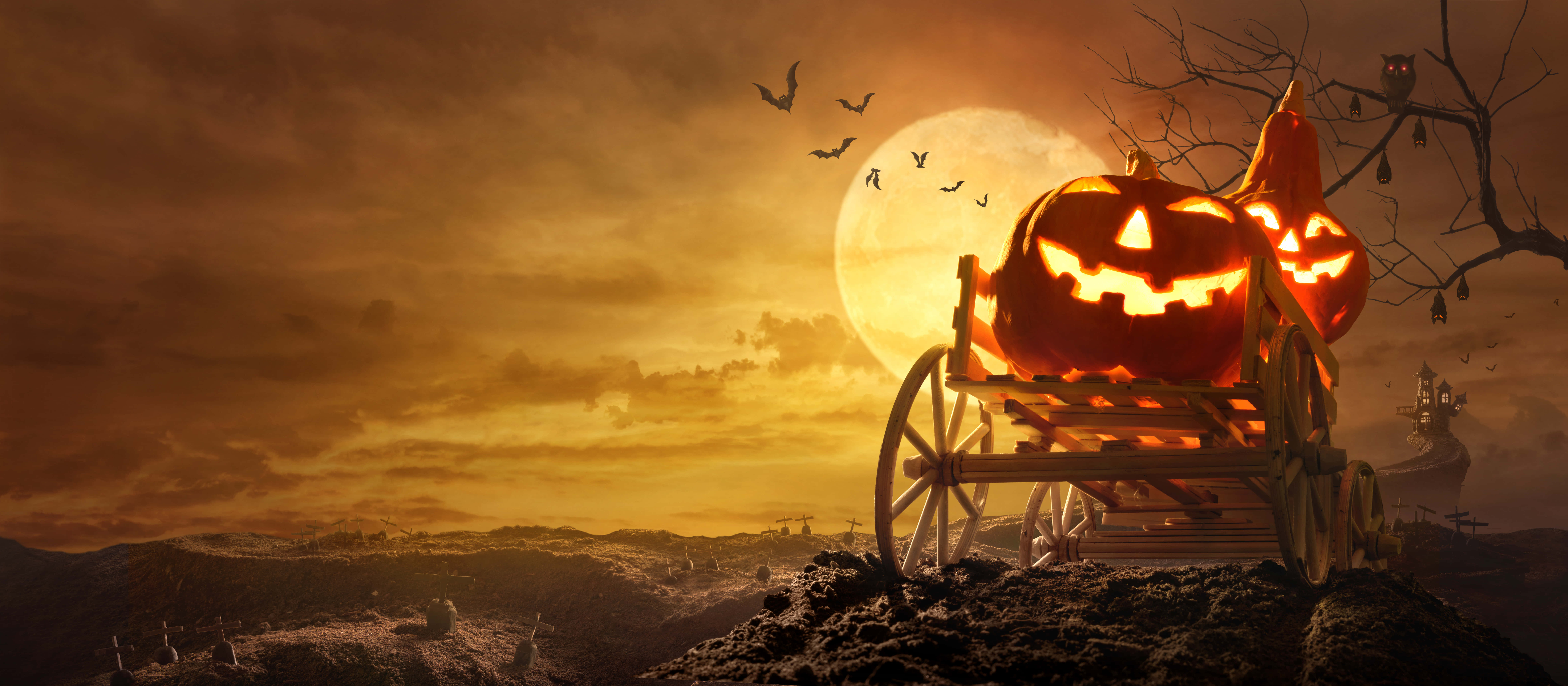 jack-o'-lanterns, wooden wagon, full moon, 8K Desktop Wallpaper
