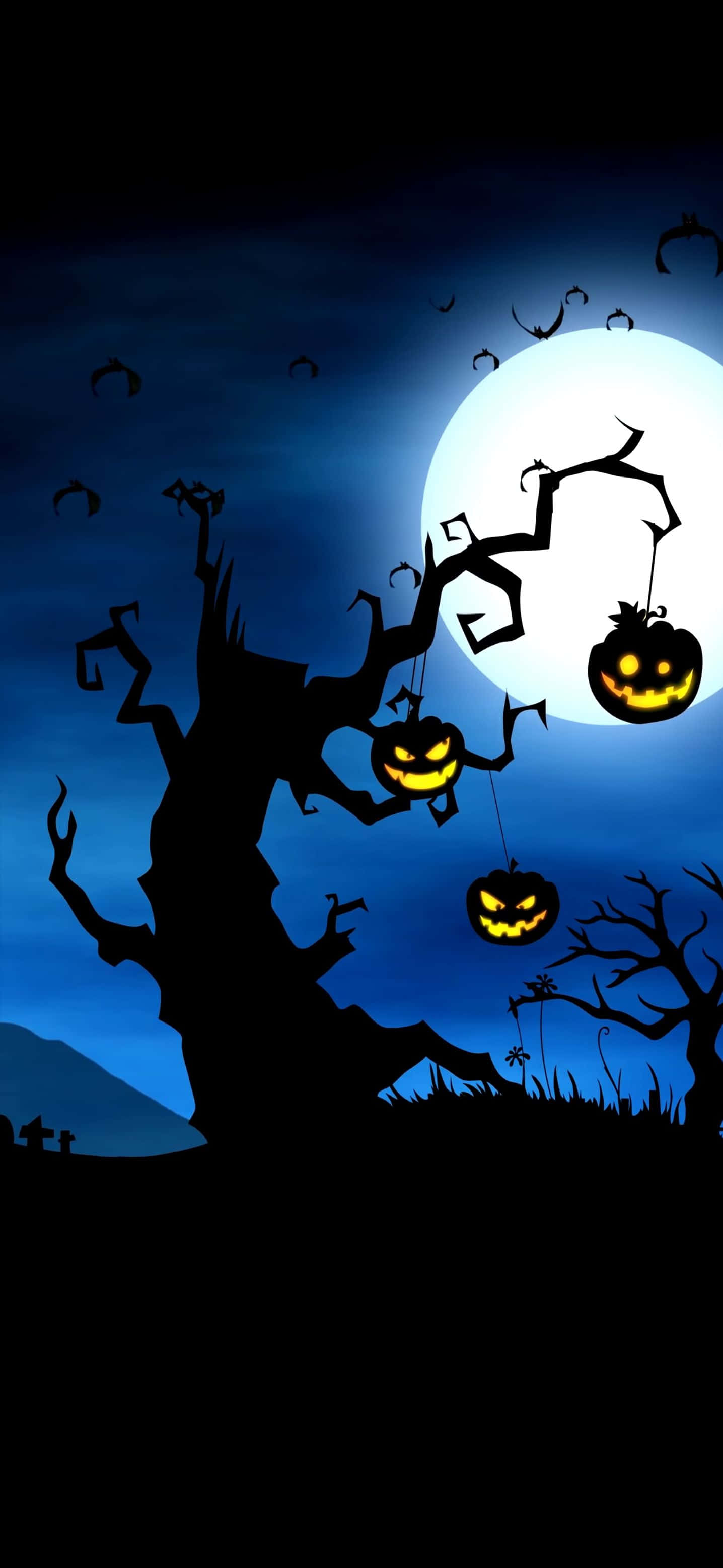gnarled tree, glowing jack-o-lanterns, twisted branches, 2K Phone Wallpaper