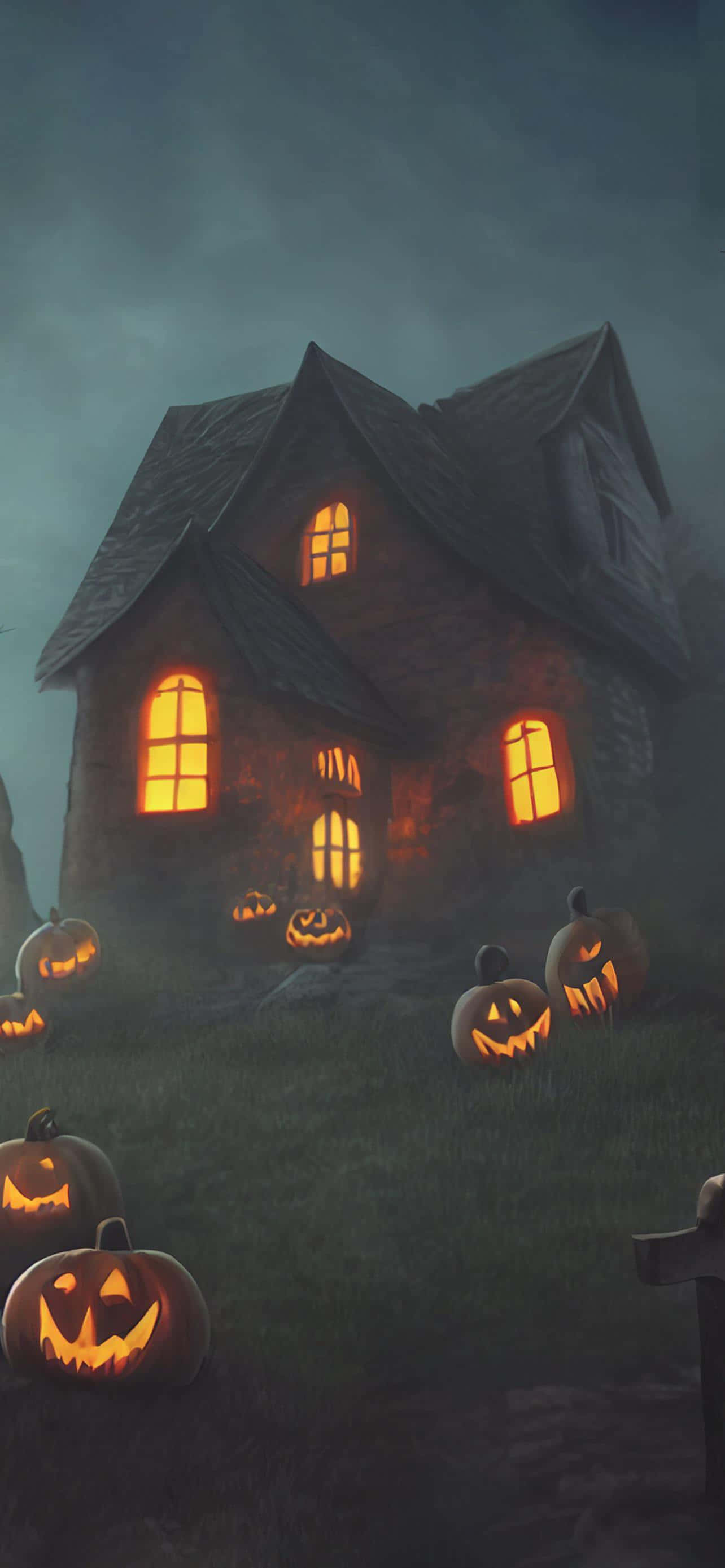 spooky Halloween, haunted house, glowing jack-o'-lanterns, 2K Phone Wallpaper