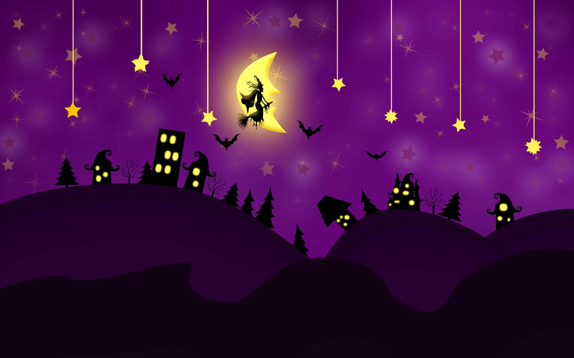 witch, broomstick, crescent moon, Full HD Desktop Wallpaper