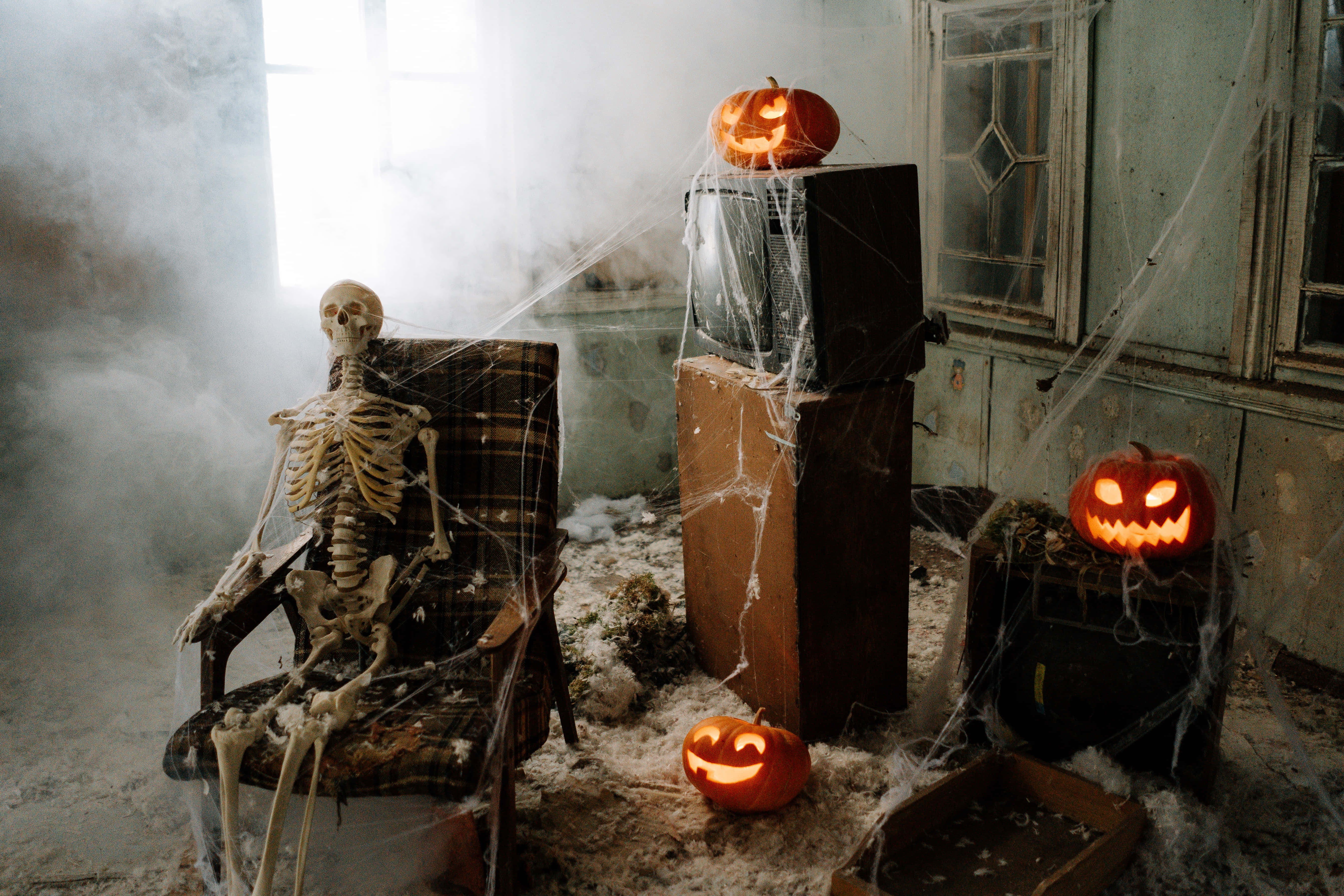 spooky Halloween, skeleton, chair, 5K Desktop Wallpaper