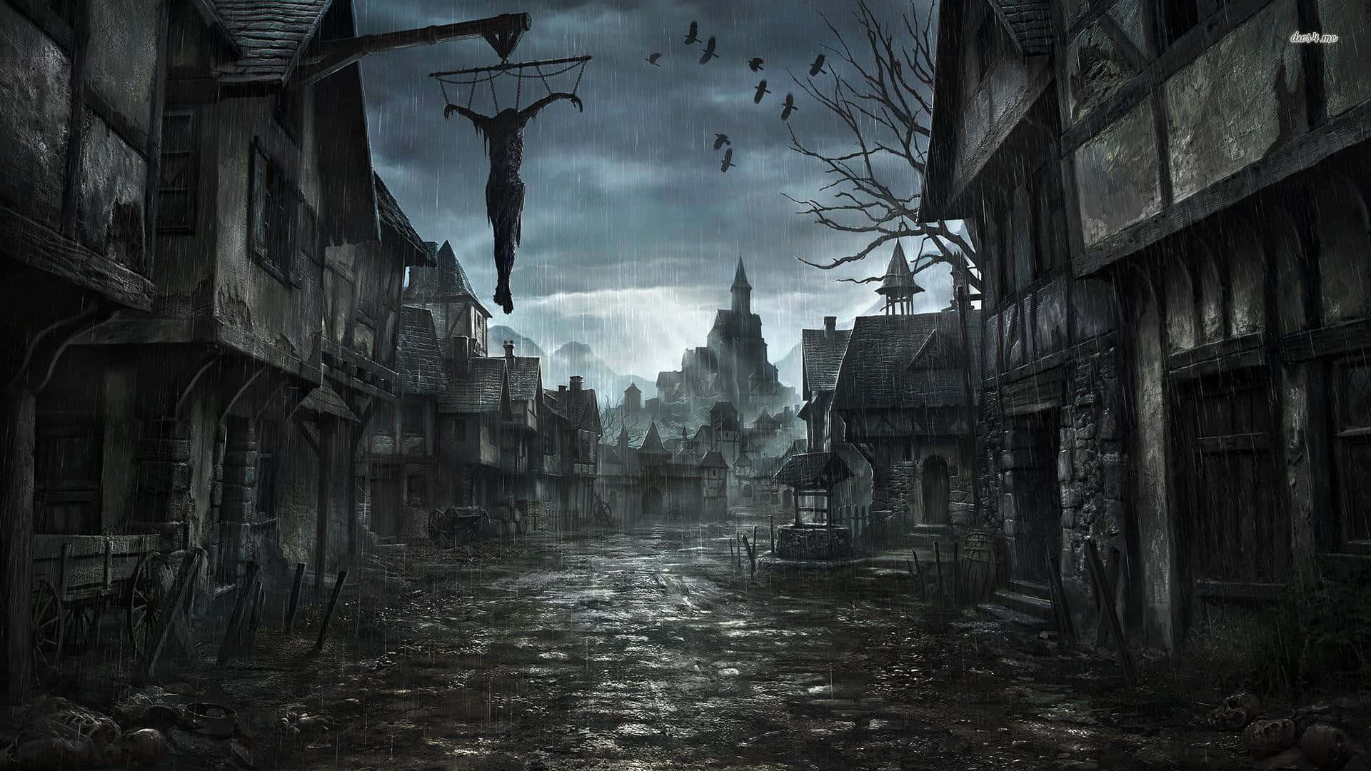 Spooky Halloween, medieval village street, stormy skies, Full HD Desktop Wallpaper
