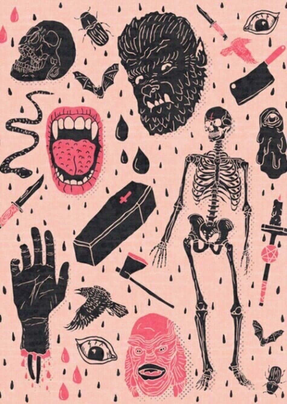 Spooky iPhone, pink background, black and pink horror icons, HD Phone Wallpaper