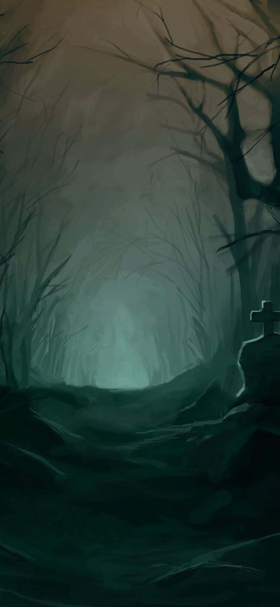 Spooky iPhone, haunting misty forest path, glowing green light, Full HD Phone Wallpaper